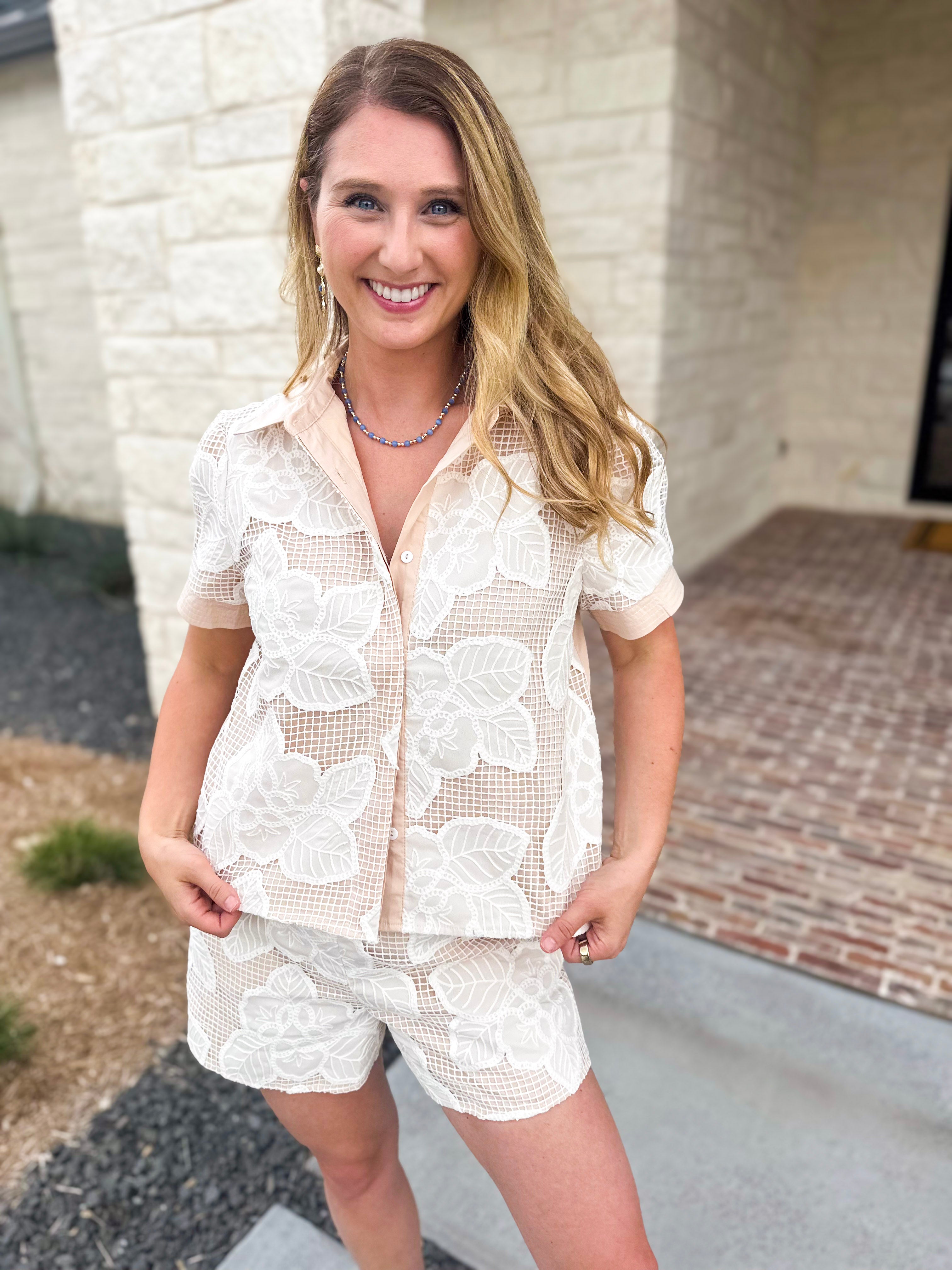 Taupe & Cream Crochet Short Set-510 Mini-STRUT & BOLT-July & June Women's Fashion Boutique Located in San Antonio, Texas