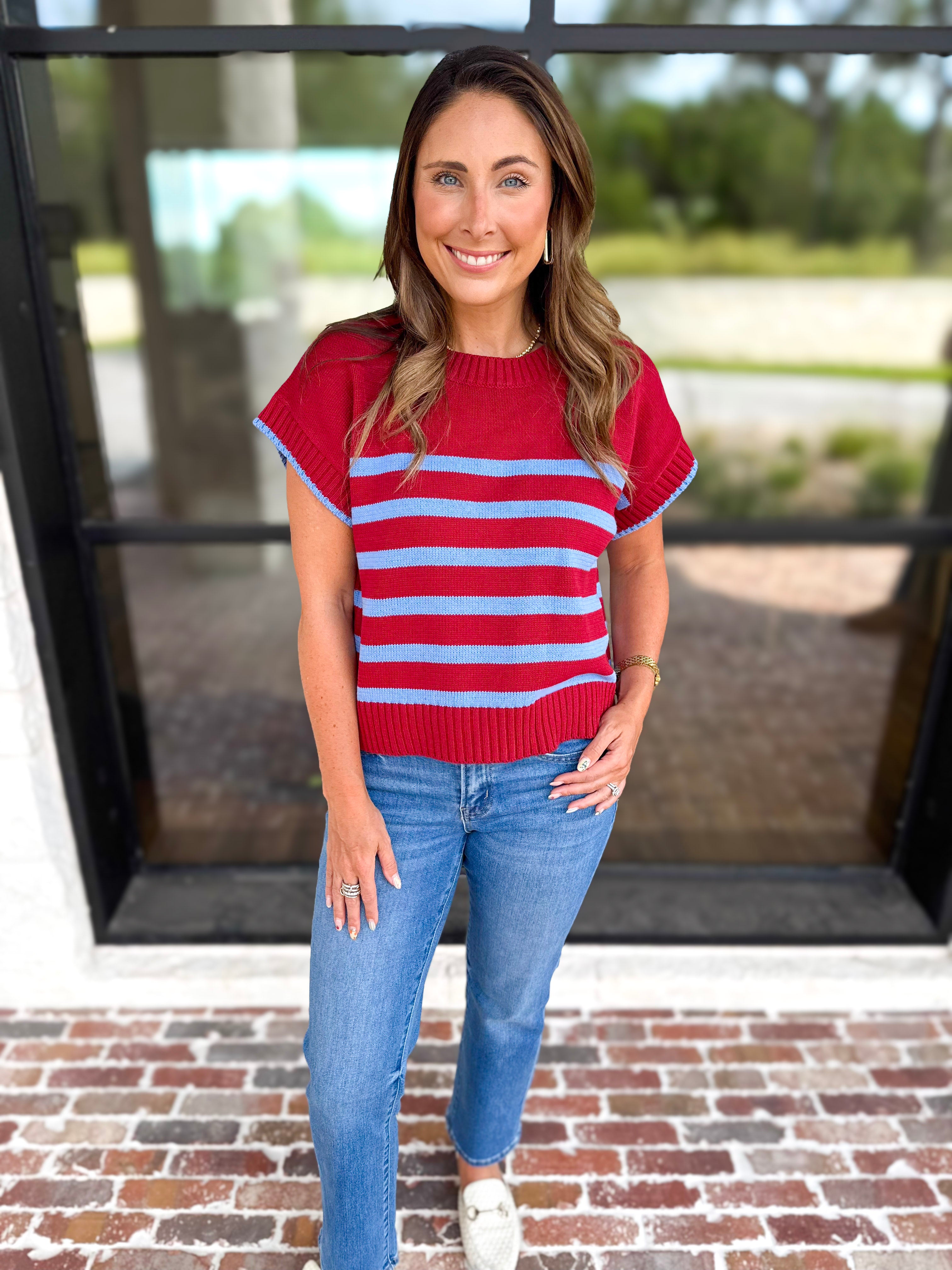 Effortless Striped Knit Top - Burgundy-230 Sweaters/Cardis-ENTRO-July & June Women's Fashion Boutique Located in San Antonio, Texas