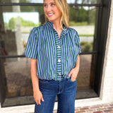 Coffee Date Blouse - Blue & Hunter-200 Fashion Blouses-ENTRO-July & June Women's Fashion Boutique Located in San Antonio, Texas