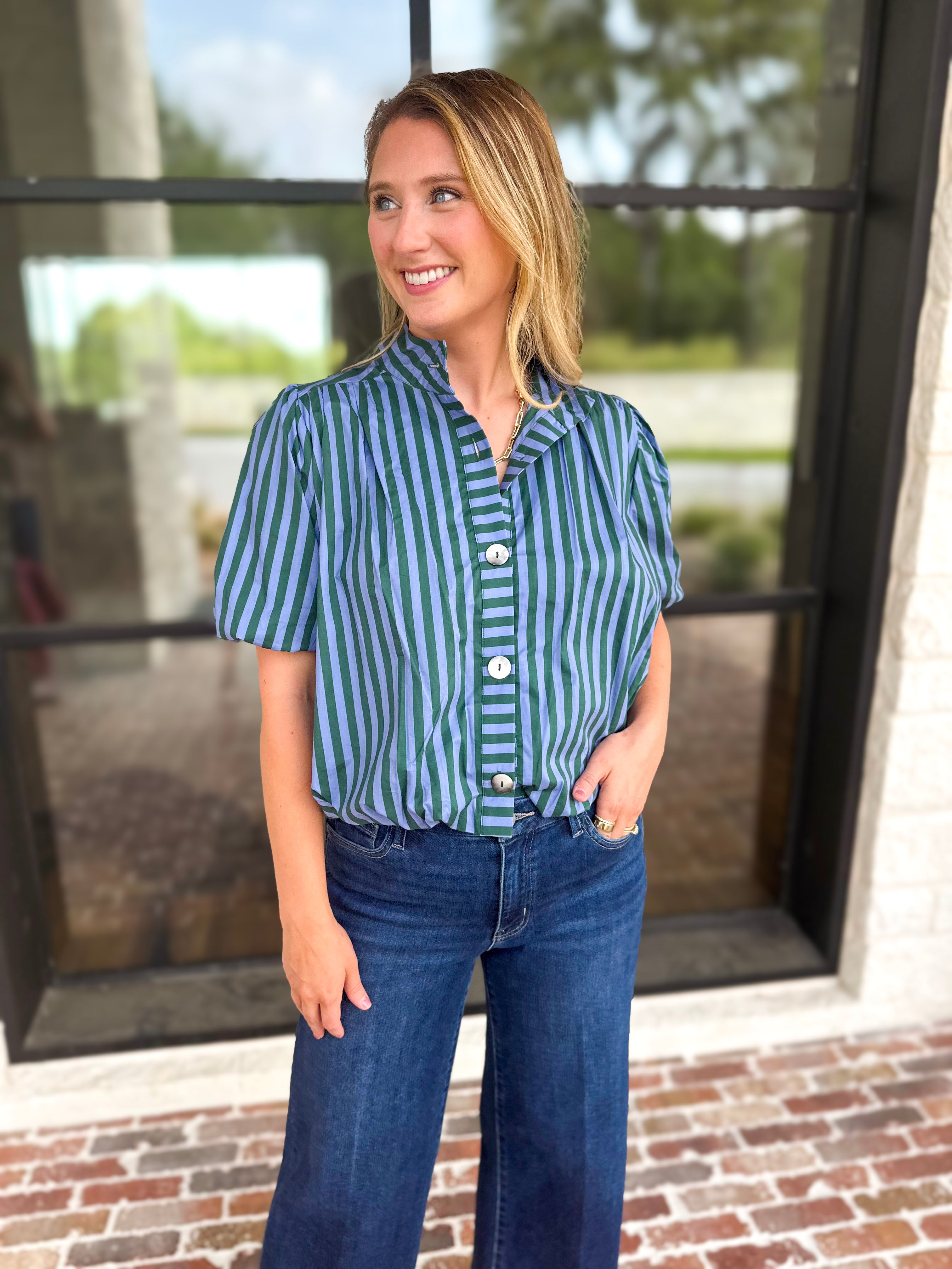 Coffee Date Blouse - Blue & Hunter-200 Fashion Blouses-ENTRO-July & June Women's Fashion Boutique Located in San Antonio, Texas