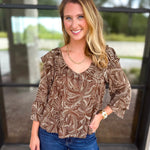 Liverpool - Willow Espresso Ruffle Blouse-200 Fashion Blouses-LIVERPOOL JEANS COMPANY-July & June Women's Fashion Boutique Located in San Antonio, Texas
