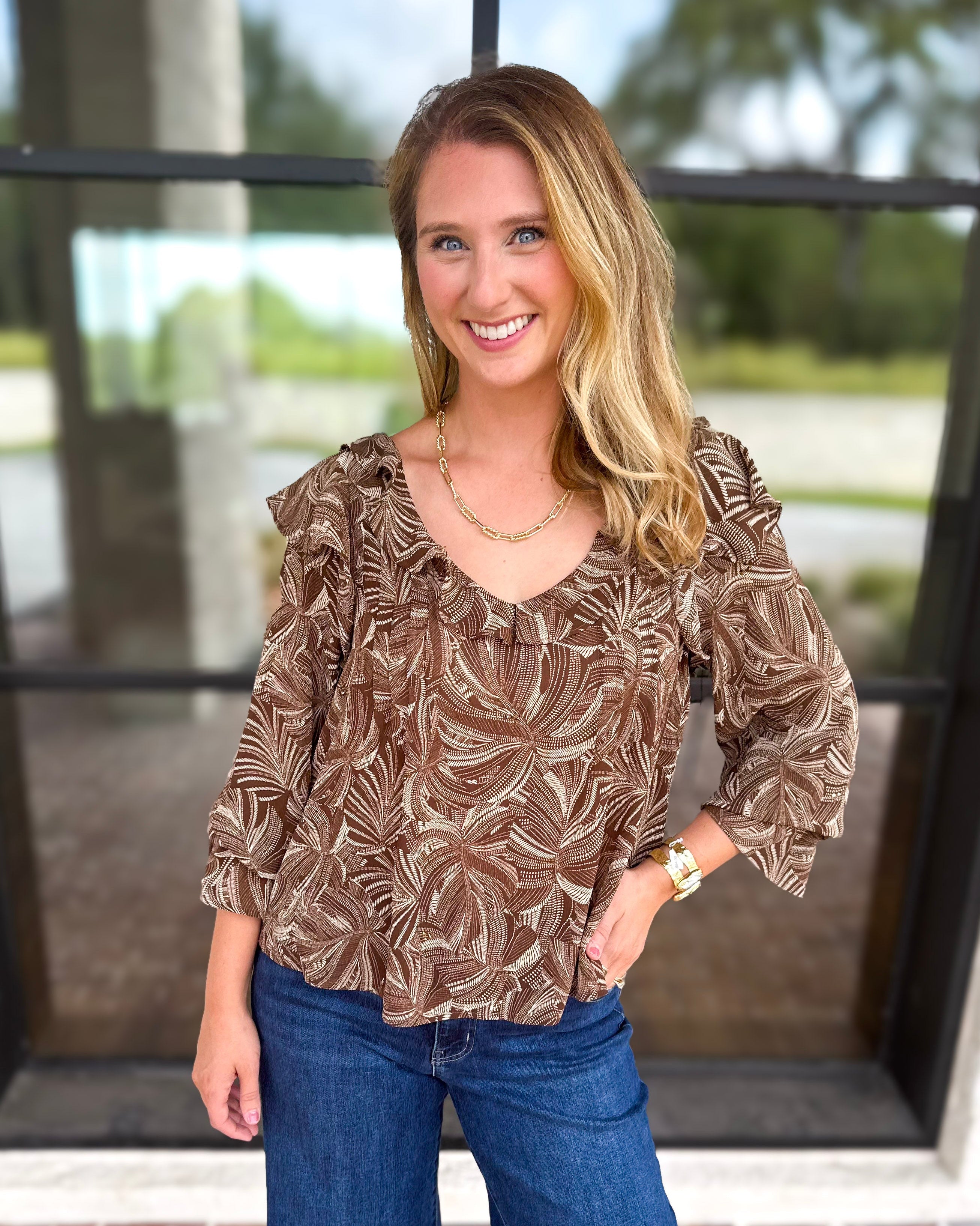 Liverpool - Willow Espresso Ruffle Blouse-200 Fashion Blouses-LIVERPOOL JEANS COMPANY-July & June Women's Fashion Boutique Located in San Antonio, Texas