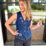 Current Air - Chic Denim Floral Vest-200 Fashion Blouses-CURRENT AIR CLOTHING-July & June Women's Fashion Boutique Located in San Antonio, Texas