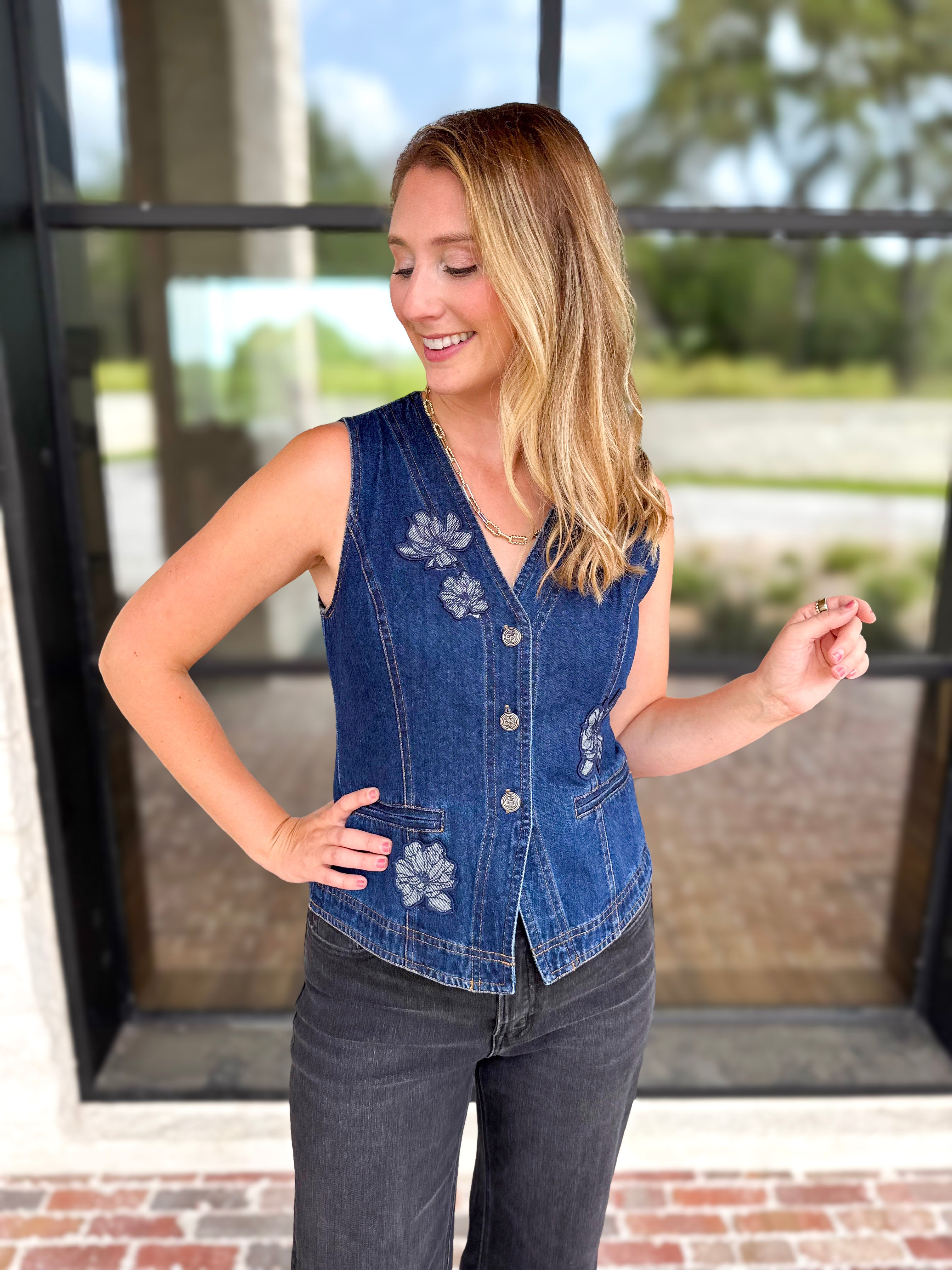 Current Air - Chic Denim Floral Vest-200 Fashion Blouses-CURRENT AIR CLOTHING-July & June Women's Fashion Boutique Located in San Antonio, Texas
