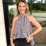 Delia Gingham Halter Blouse-200 Fashion Blouses-OLIVACEOUS-July & June Women's Fashion Boutique Located in San Antonio, Texas