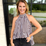 Delia Gingham Halter Blouse-200 Fashion Blouses-OLIVACEOUS-July & June Women's Fashion Boutique Located in San Antonio, Texas