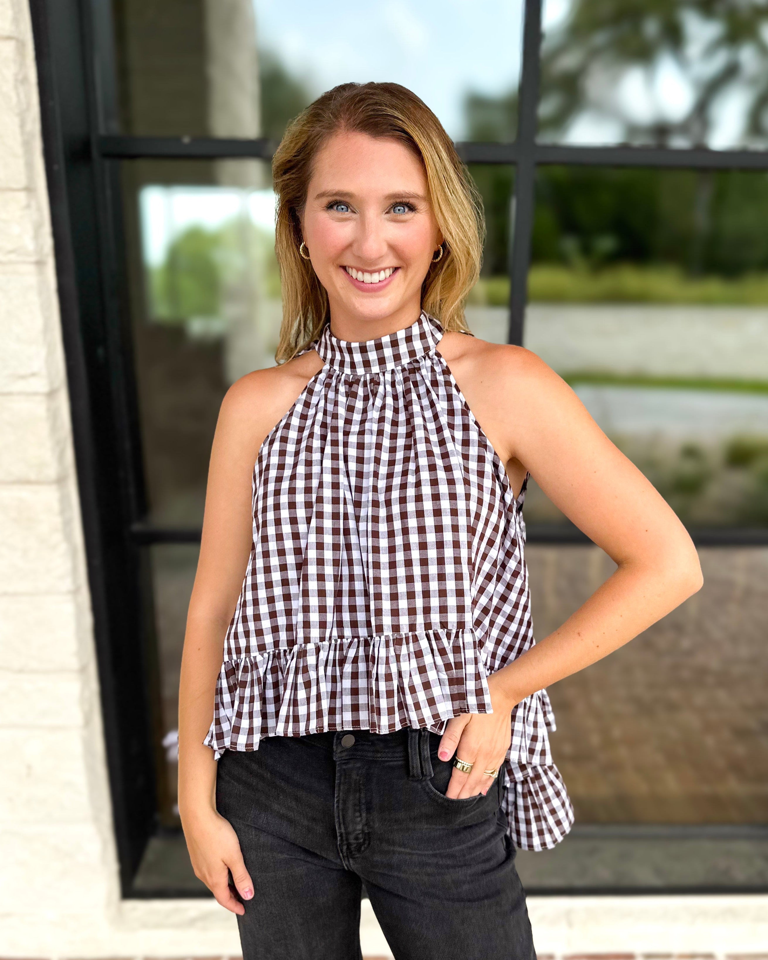Delia Gingham Halter Blouse-200 Fashion Blouses-OLIVACEOUS-July & June Women's Fashion Boutique Located in San Antonio, Texas
