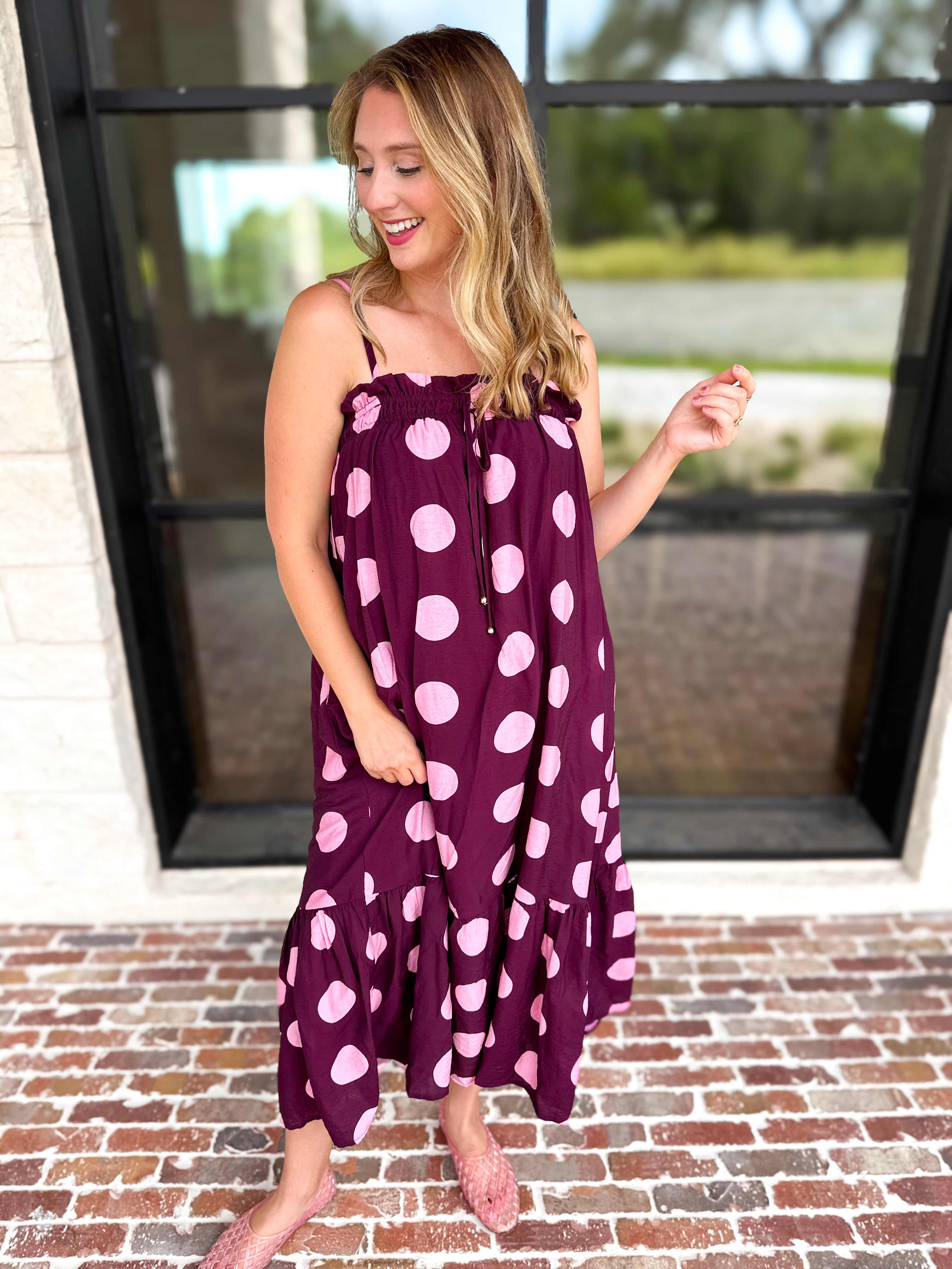 Pink Ganache Polka Dot Midi Dress-500 Midi-ENTRO-July & June Women's Fashion Boutique Located in San Antonio, Texas