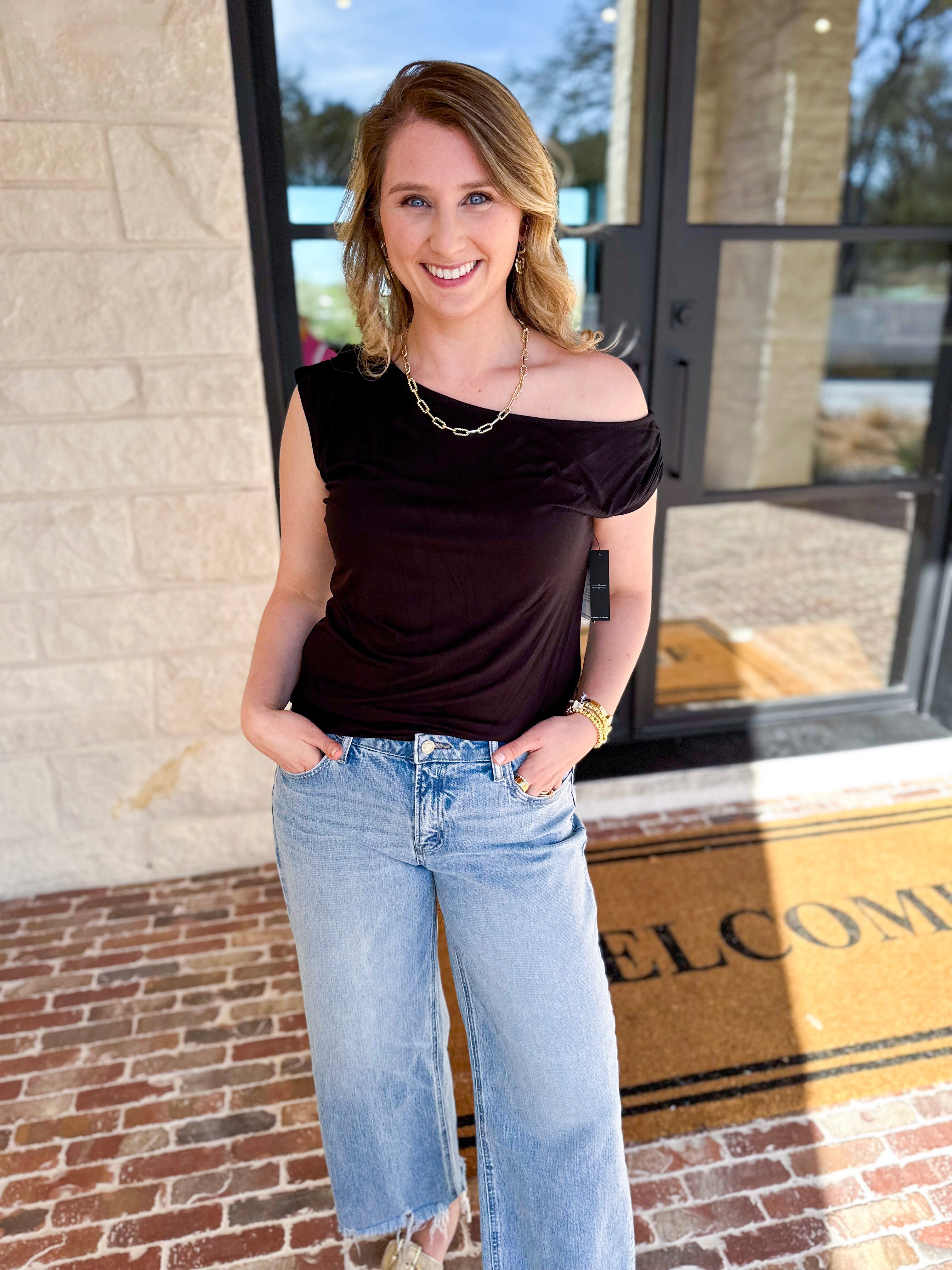 LIVERPOOL - Black Off the Shoulder Top-200 Fashion Blouses-LIVERPOOL JEANS COMPANY-July & June Women's Fashion Boutique Located in San Antonio, Texas