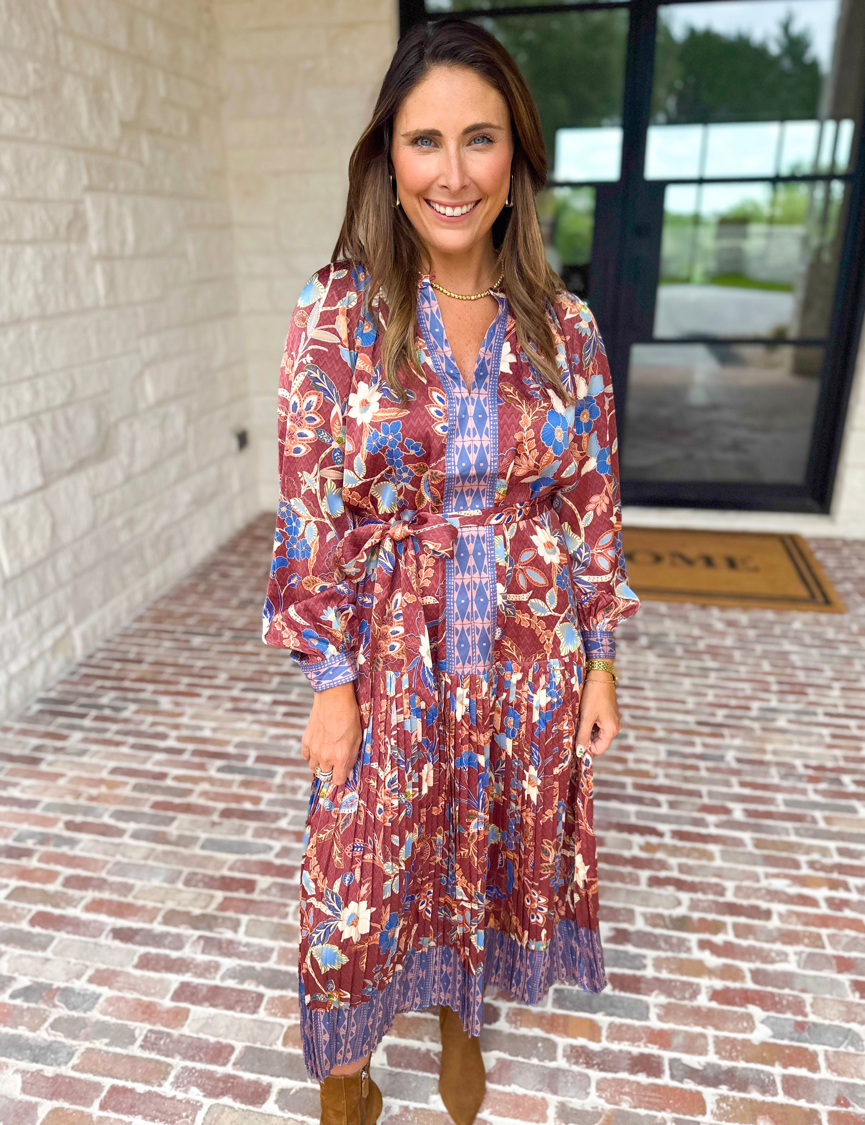 Current Air - Fall Gardens Midi Dress-500 Midi-CURRENT AIR CLOTHING-July & June Women's Fashion Boutique Located in San Antonio, Texas