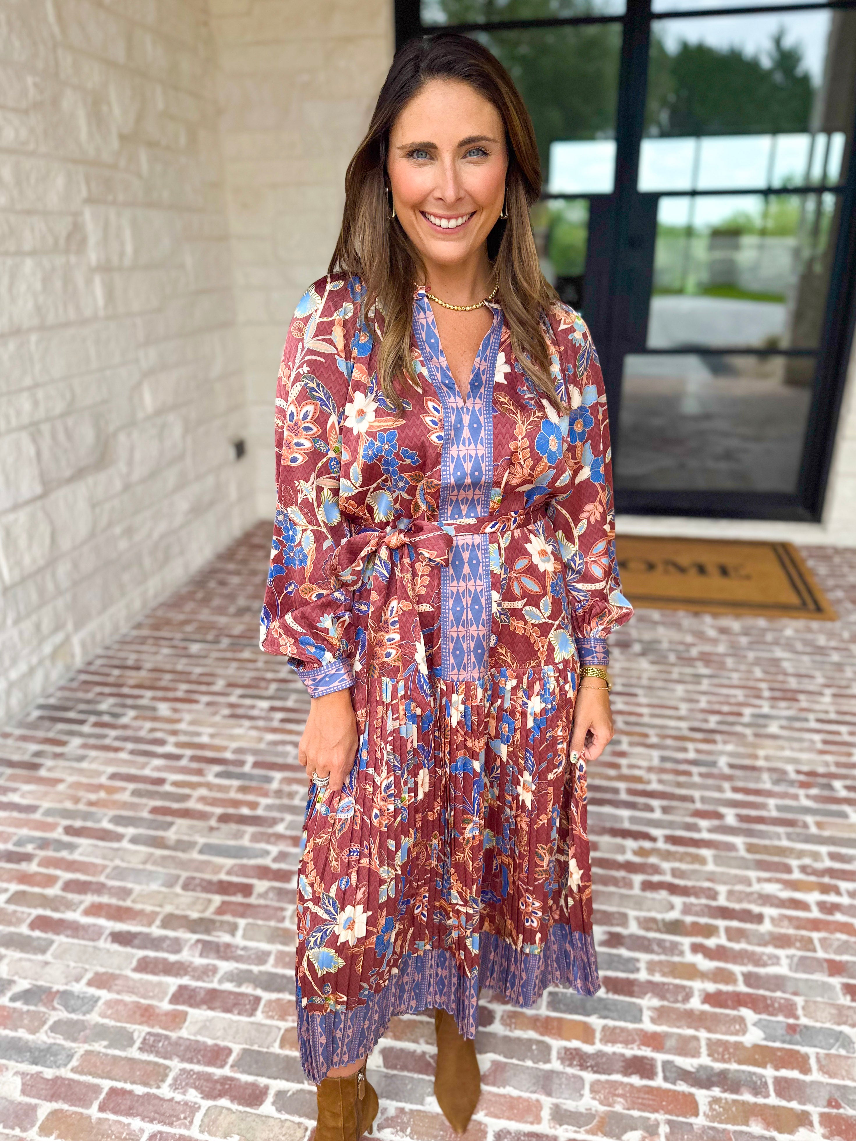 Current Air - Fall Gardens Midi Dress-500 Midi-CURRENT AIR CLOTHING-July & June Women's Fashion Boutique Located in San Antonio, Texas