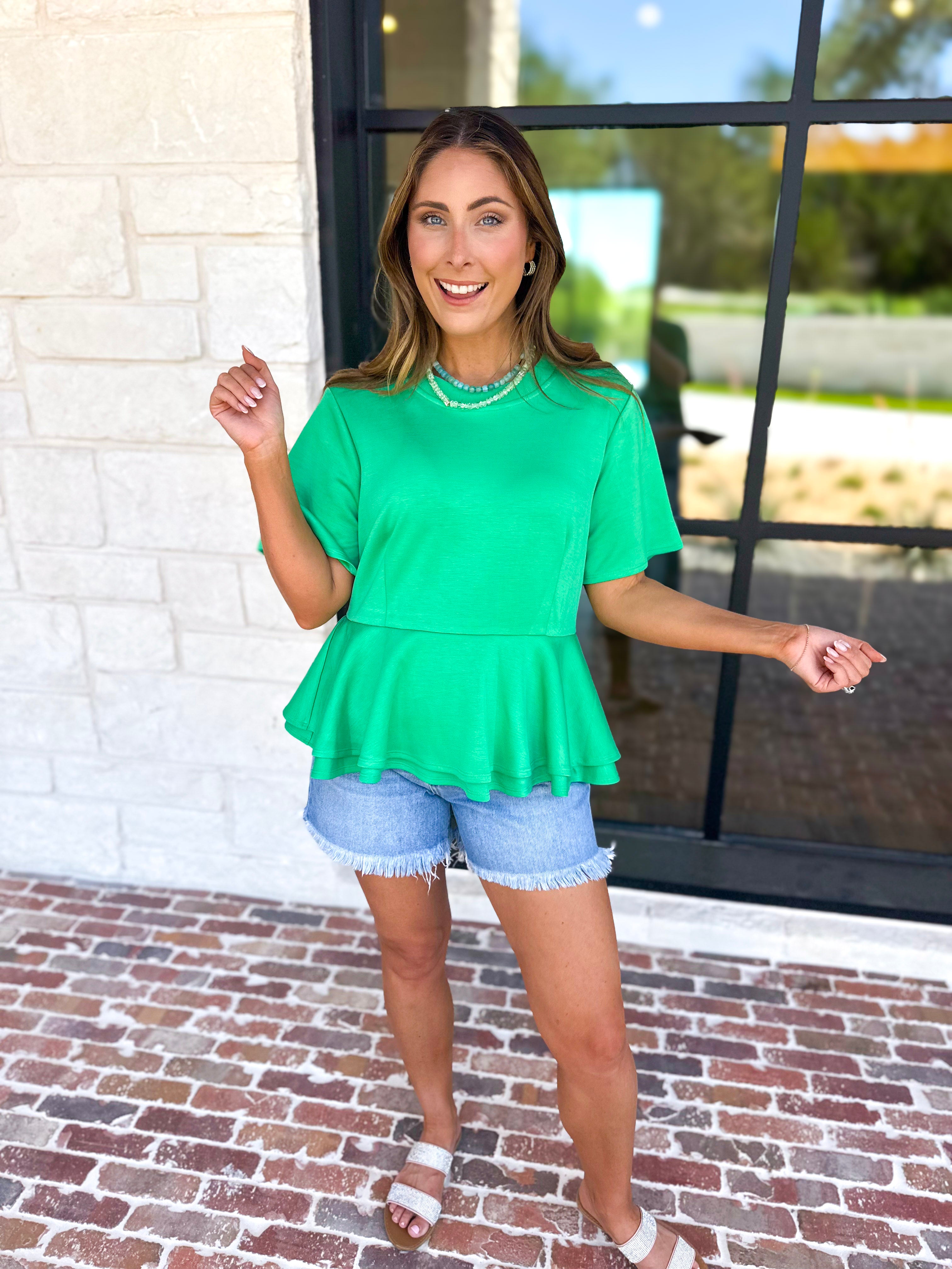 Kelly Green Peplum Comfy Top-210 Casual Blouses-ENTRO-July & June Women's Fashion Boutique Located in San Antonio, Texas