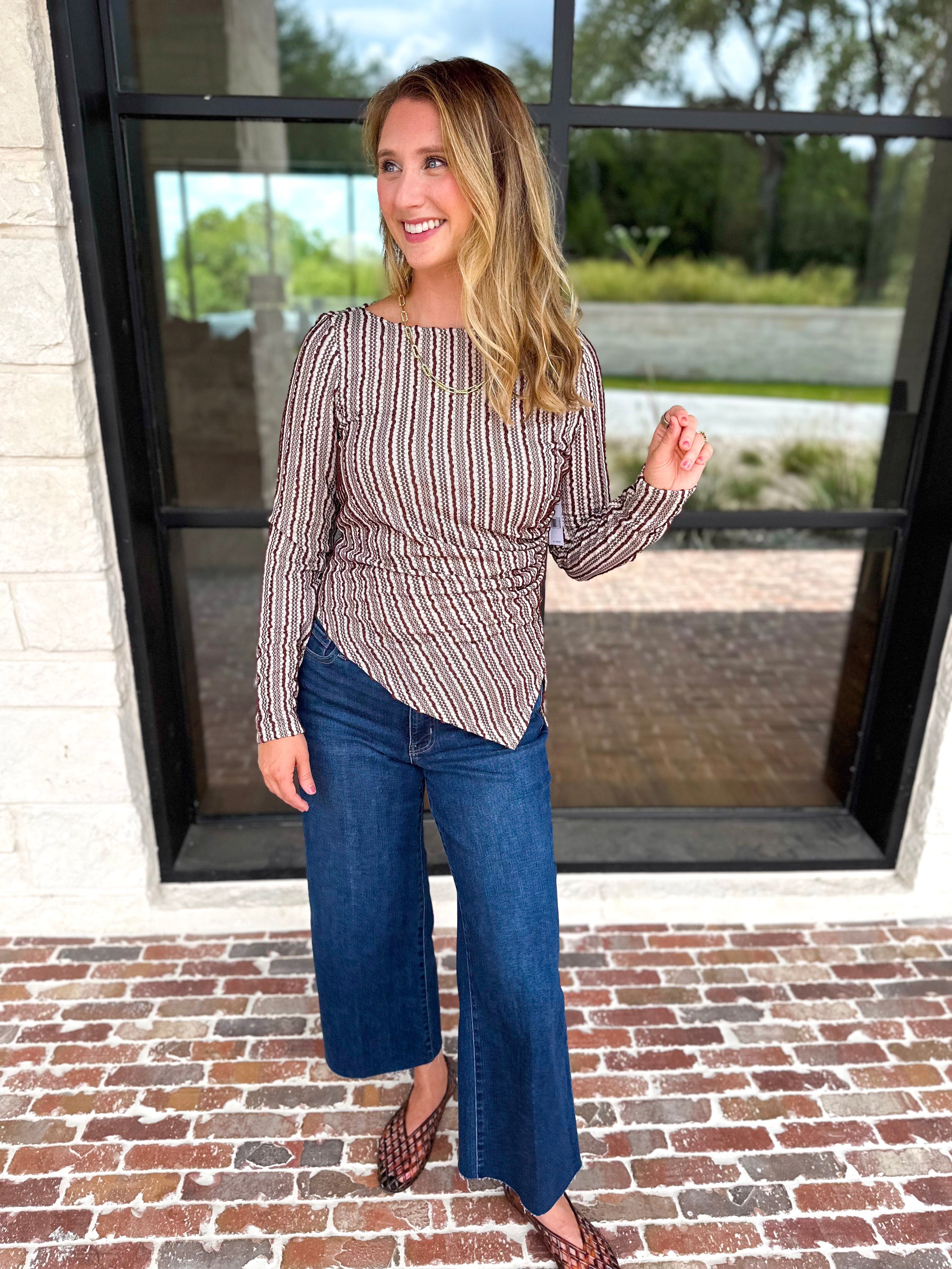 Liverpool - Asymmetrical Striped Blouse-200 Fashion Blouses-LIVERPOOL JEANS COMPANY-July & June Women's Fashion Boutique Located in San Antonio, Texas