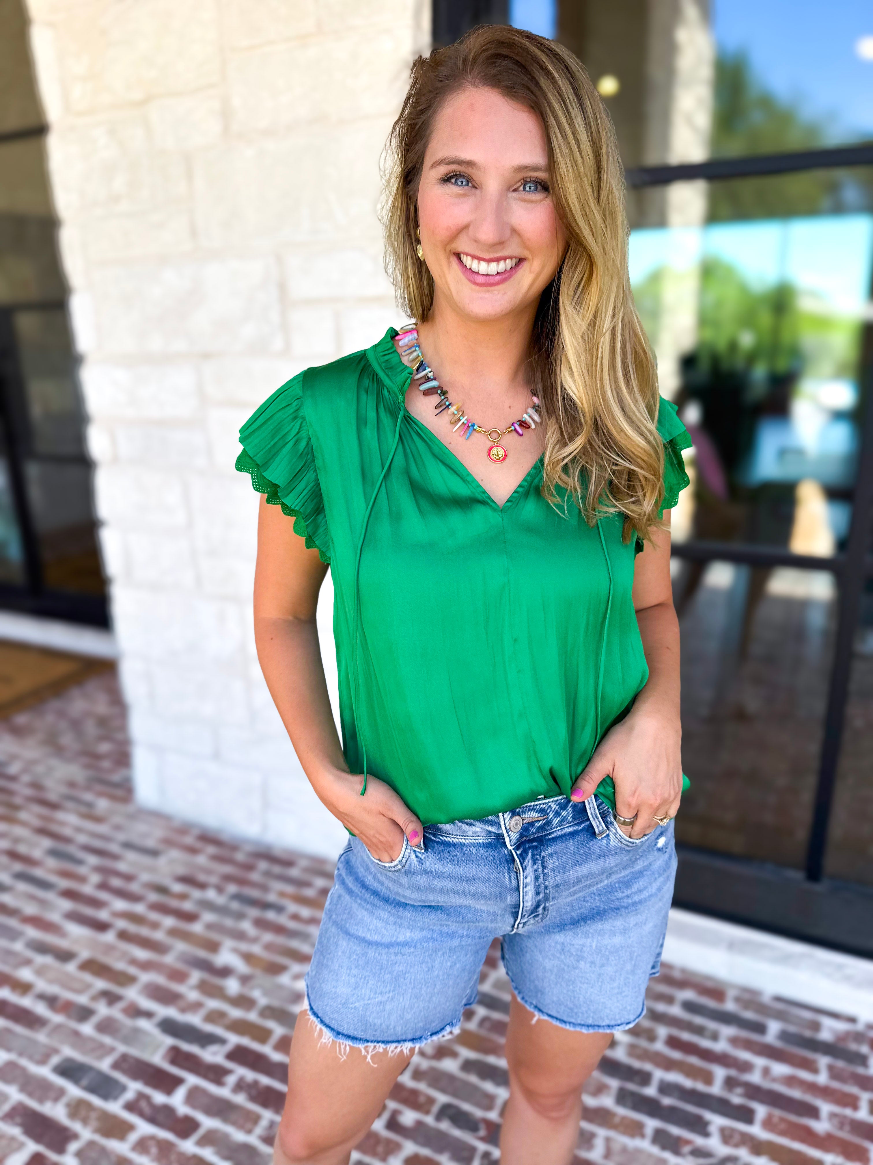 Current Air - Kelly Green Crochet Details Blouse-200 Fashion Blouses-CURRENT AIR CLOTHING-July & June Women's Fashion Boutique Located in San Antonio, Texas