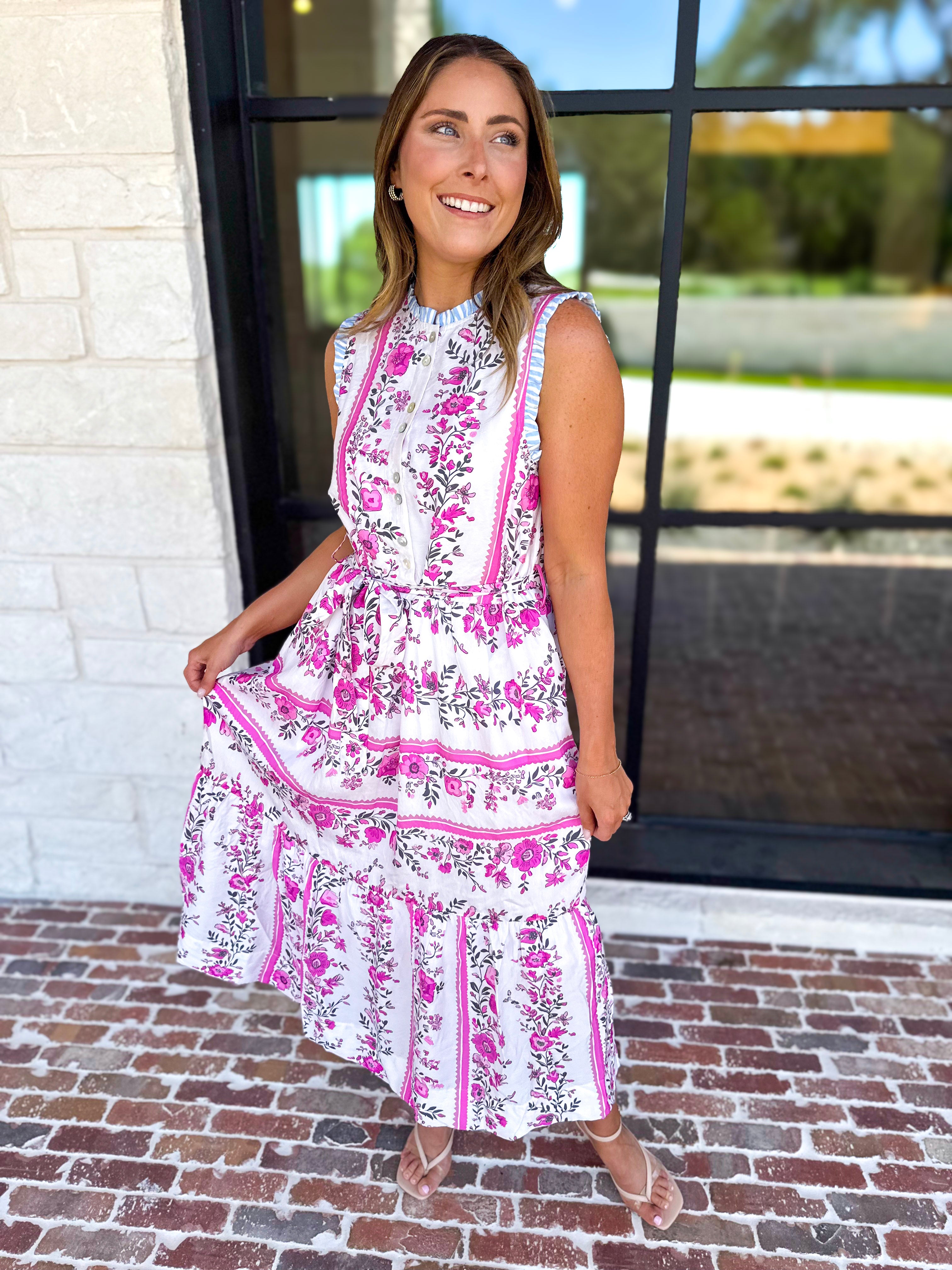 THML - Lillian Pink Floral Midi Dress-500 Midi-THML-July & June Women's Fashion Boutique Located in San Antonio, Texas