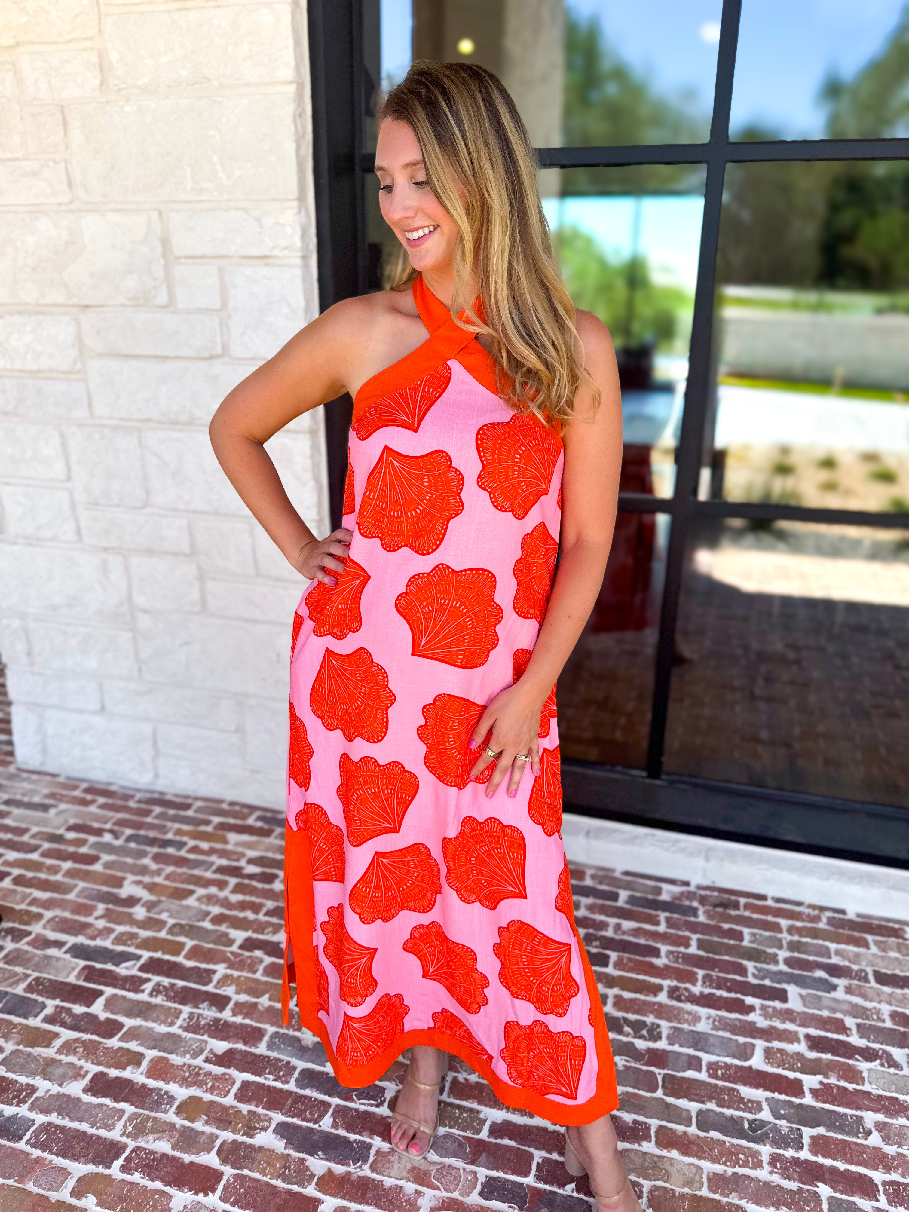 Shell & Shine Halter Midi Dress-500 Midi-ENTRO-July & June Women's Fashion Boutique Located in San Antonio, Texas