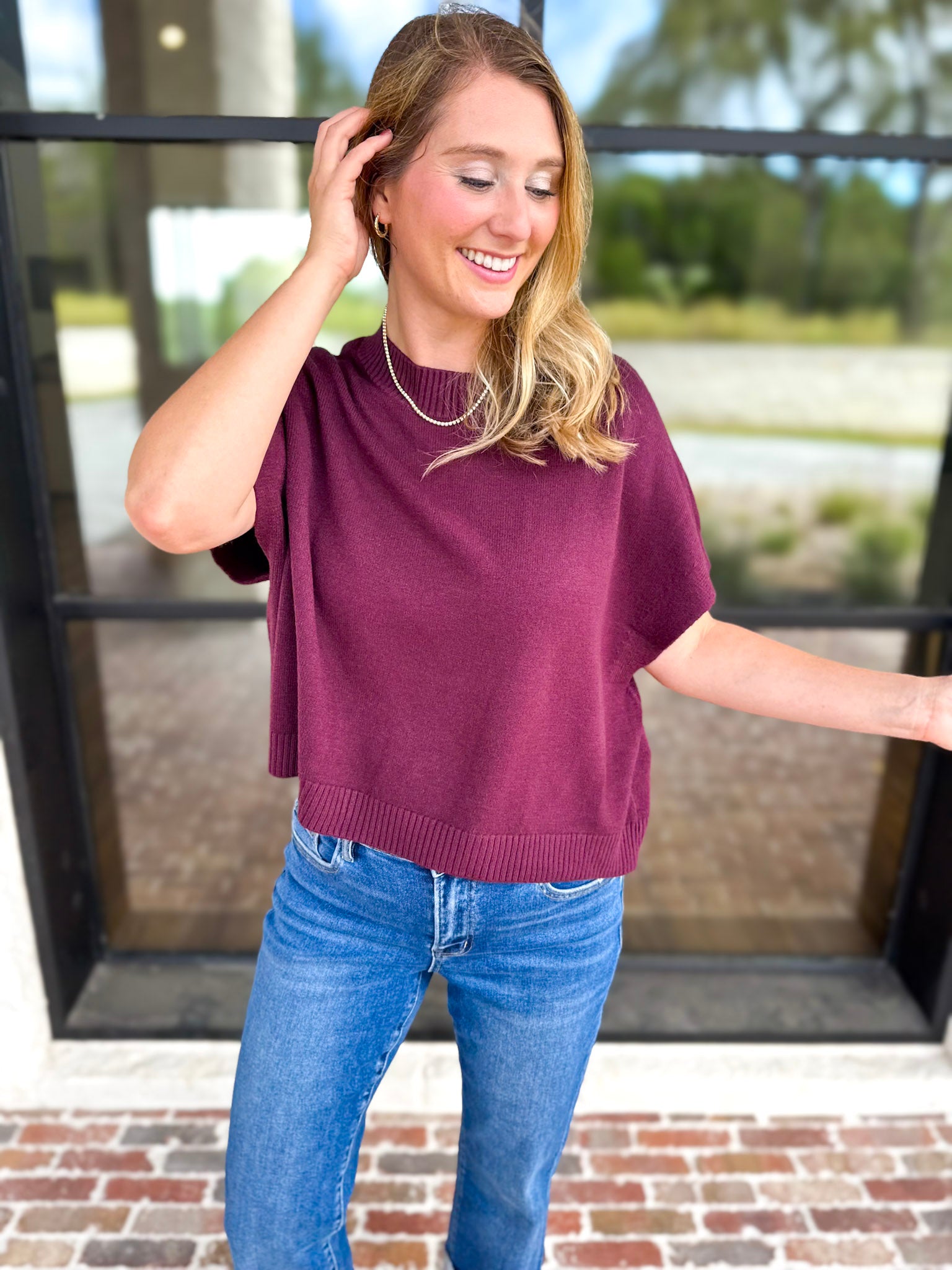 Easy Going Short Sleeve Knit Top - Burgundy-230 Sweaters/Cardis-PINCH-July & June Women's Fashion Boutique Located in San Antonio, Texas