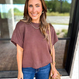 Easy Going Short Sleeve Knit Top - Espresso-230 Sweaters/Cardis-PINCH-July & June Women's Fashion Boutique Located in San Antonio, Texas