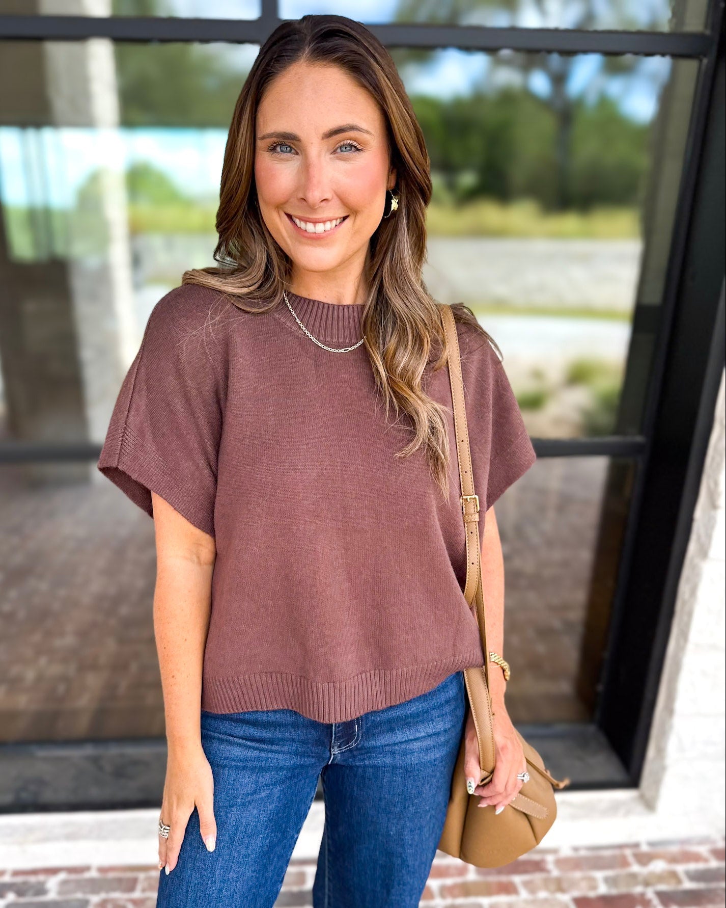 Easy Going Short Sleeve Knit Top - Espresso-230 Sweaters/Cardis-PINCH-July & June Women's Fashion Boutique Located in San Antonio, Texas