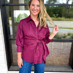 The Sarah Tie Button Down - Deep Berry-200 Fashion Blouses-ENTRO-July & June Women's Fashion Boutique Located in San Antonio, Texas