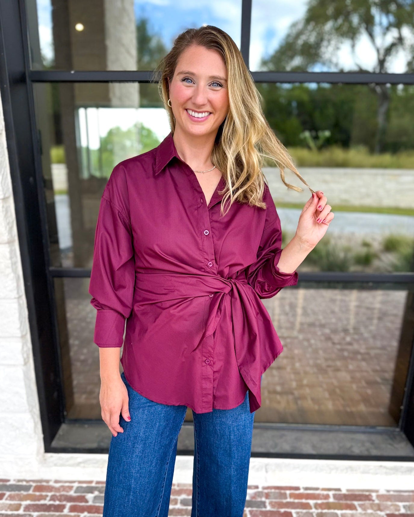 The Sarah Tie Button Down - Deep Berry-200 Fashion Blouses-ENTRO-July & June Women's Fashion Boutique Located in San Antonio, Texas