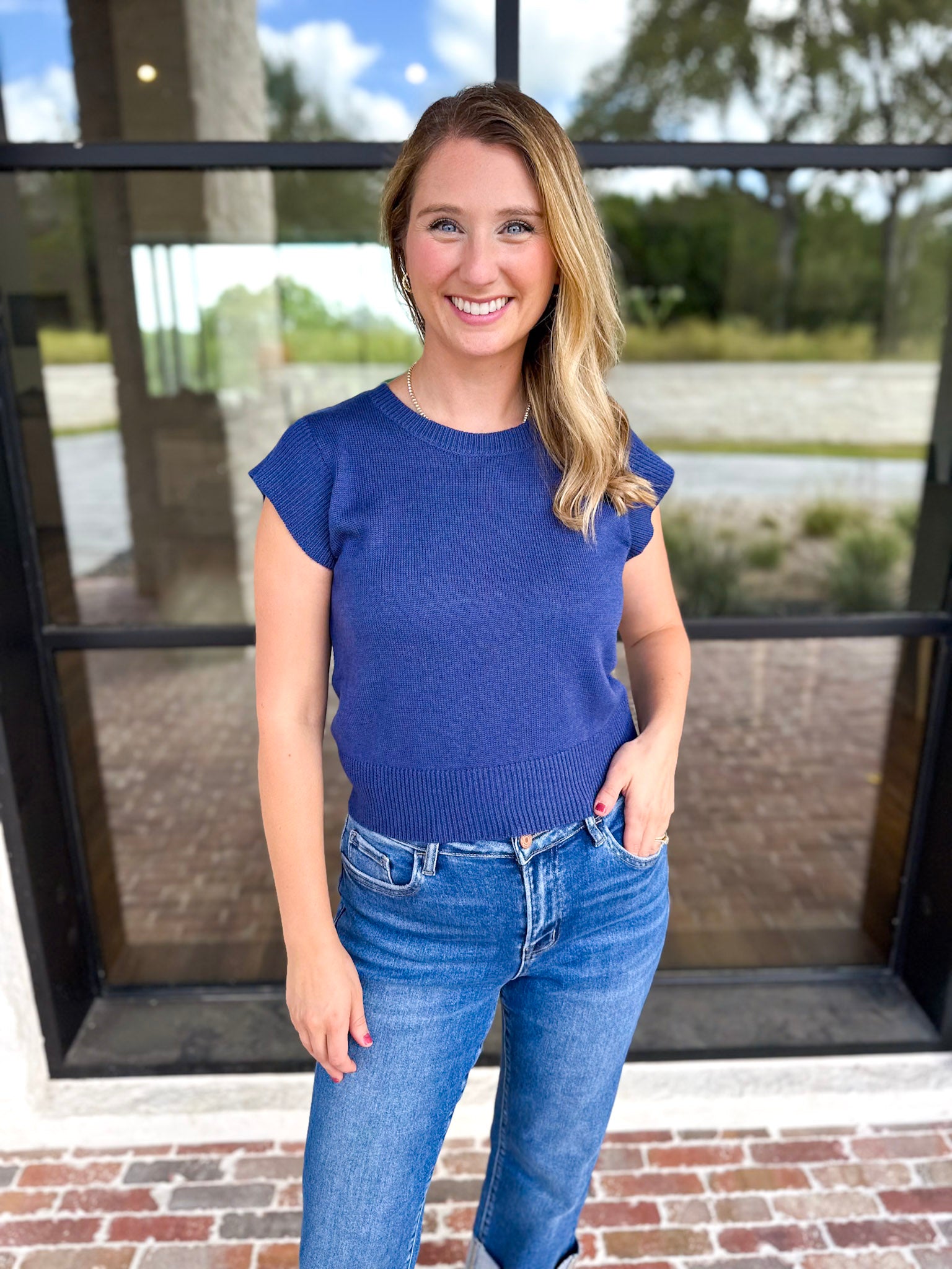 Cap Sleeve Knit Top - Blue-230 Sweaters/Cardis-PINCH-July & June Women's Fashion Boutique Located in San Antonio, Texas