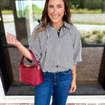 Gingham Bubble Blouse - Black-200 Fashion Blouses-ENTRO-July & June Women's Fashion Boutique Located in San Antonio, Texas