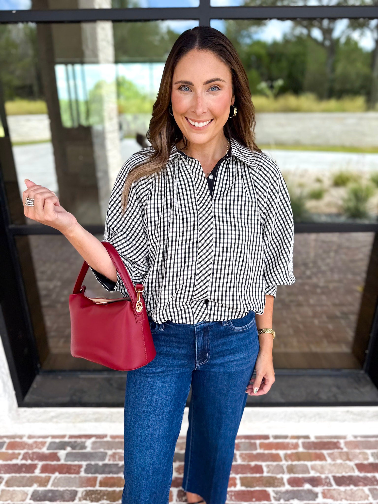 Gingham Bubble Blouse - Black-200 Fashion Blouses-ENTRO-July & June Women's Fashion Boutique Located in San Antonio, Texas