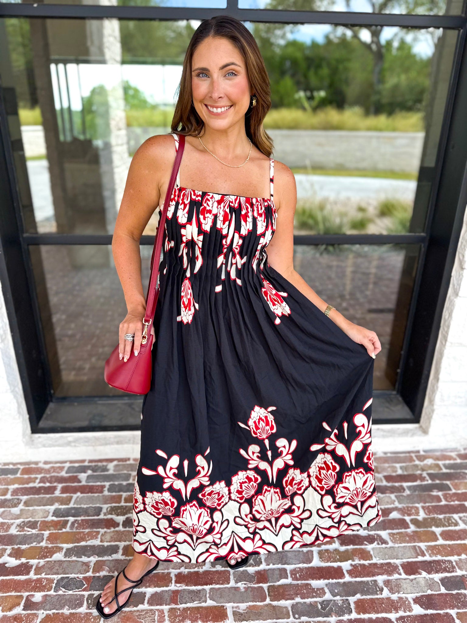 Floral Pleated Midi Dress - Black-500 Midi-ENTRO-July & June Women's Fashion Boutique Located in San Antonio, Texas
