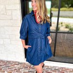 Denim Wrap Mini Dress-510 Mini-ENTRO-July & June Women's Fashion Boutique Located in San Antonio, Texas