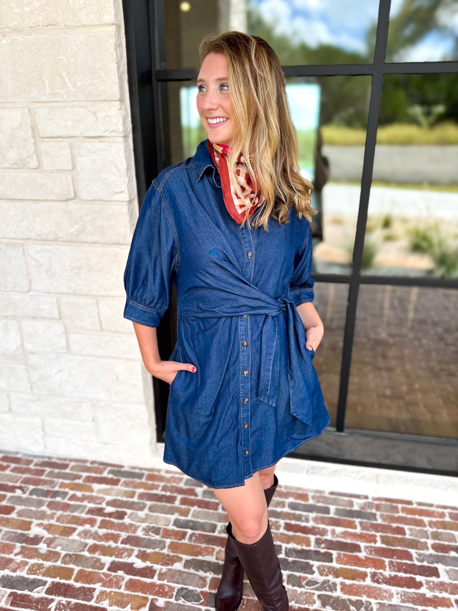 Denim Wrap Mini Dress-510 Mini-ENTRO-July & June Women's Fashion Boutique Located in San Antonio, Texas