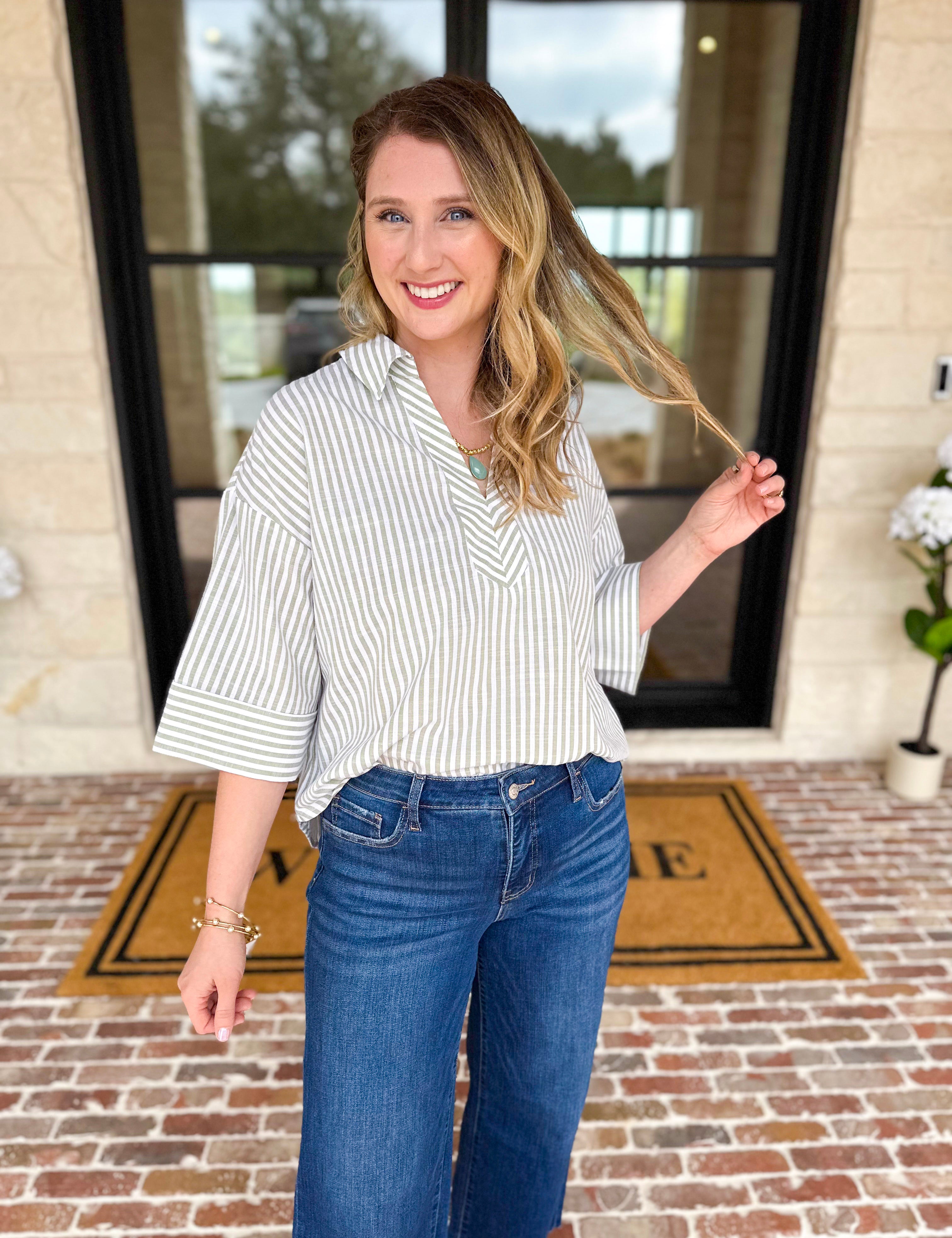 Effortless Striped Sage Blouse-200 Fashion Blouses-ENTRO-July & June Women's Fashion Boutique Located in San Antonio, Texas