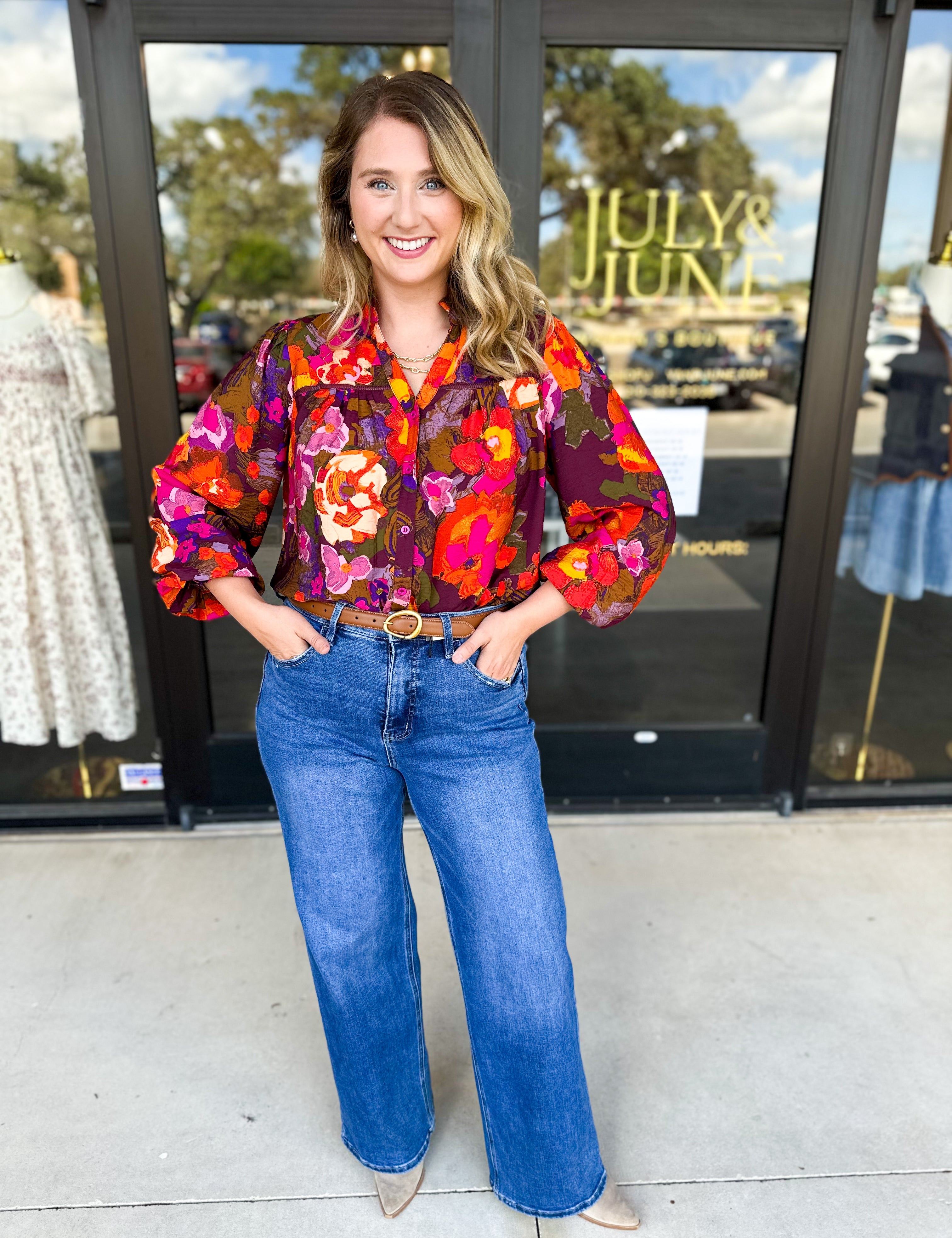 Vibrant Fall Florals Blouse-200 Fashion Blouses-FATE-July & June Women's Fashion Boutique Located in San Antonio, Texas