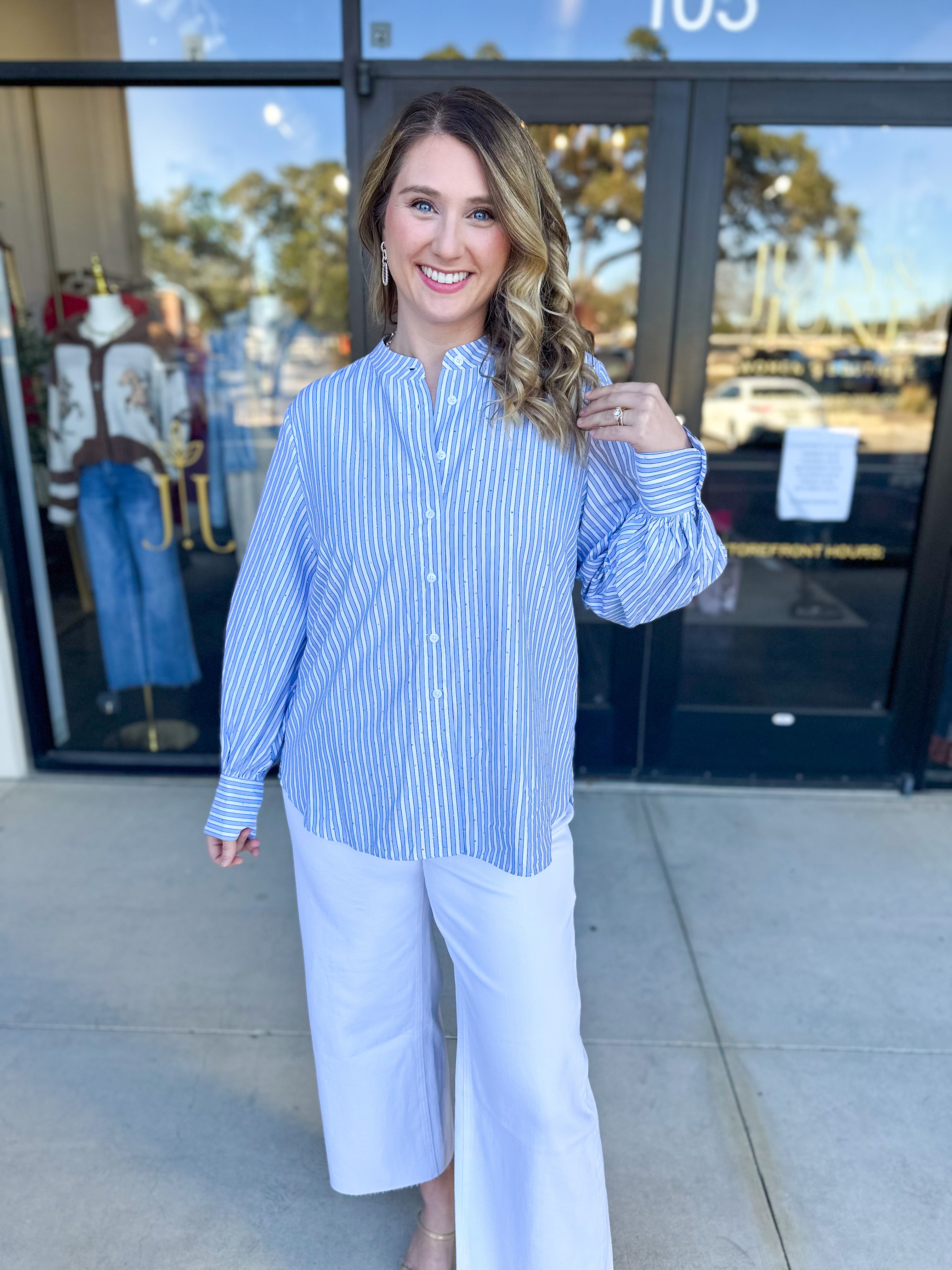 Current Air - Rhinestone Button Down Blouse - Light Blue-200 Fashion Blouses-CURRENT AIR CLOTHING-July & June Women's Fashion Boutique Located in San Antonio, Texas