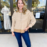 Casual Cool Henley Long Sleeve - Tan-210 Casual Blouses-POLOGRAM-July & June Women's Fashion Boutique Located in San Antonio, Texas