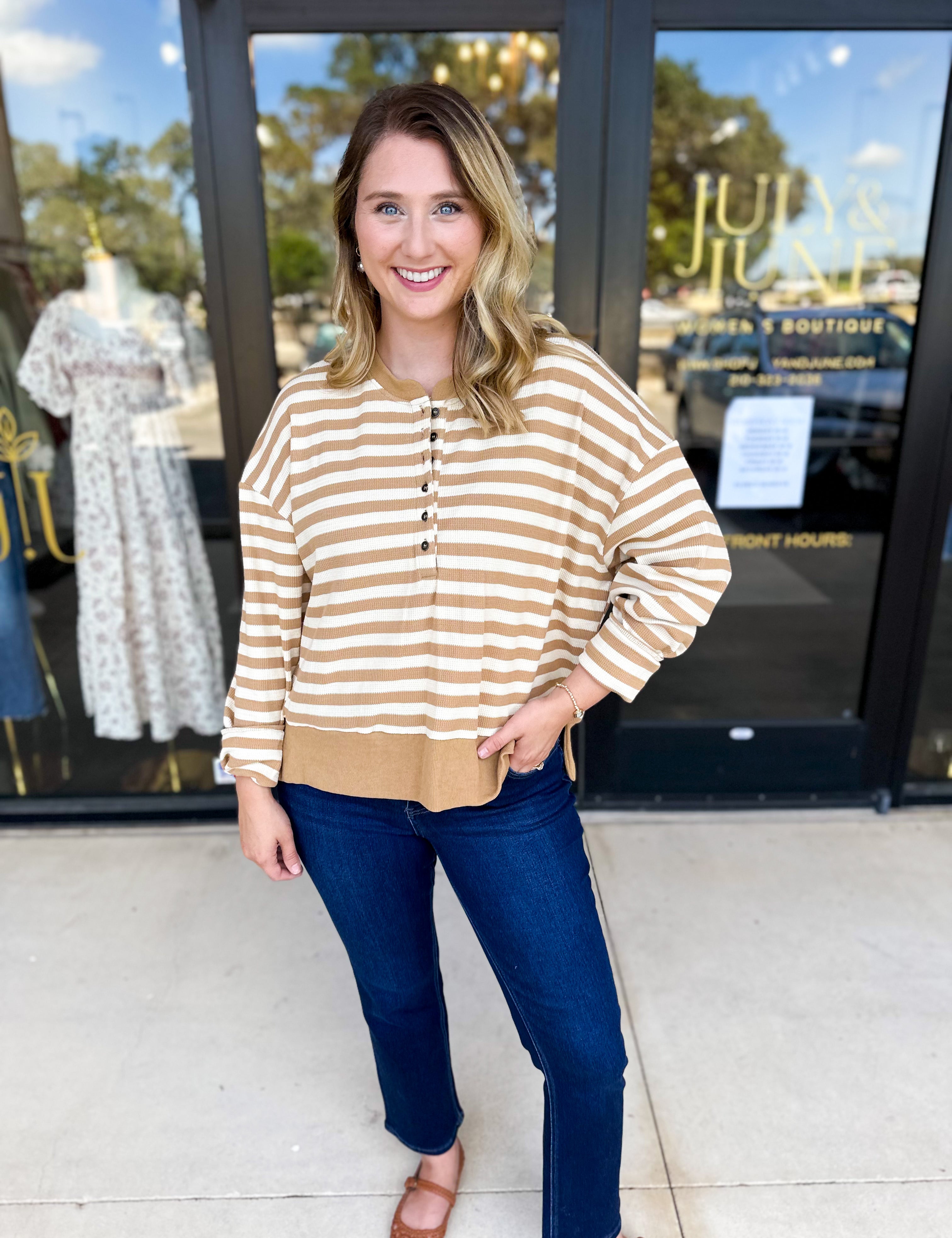 Casual Cool Henley Long Sleeve - Tan-210 Casual Blouses-POLOGRAM-July & June Women's Fashion Boutique Located in San Antonio, Texas