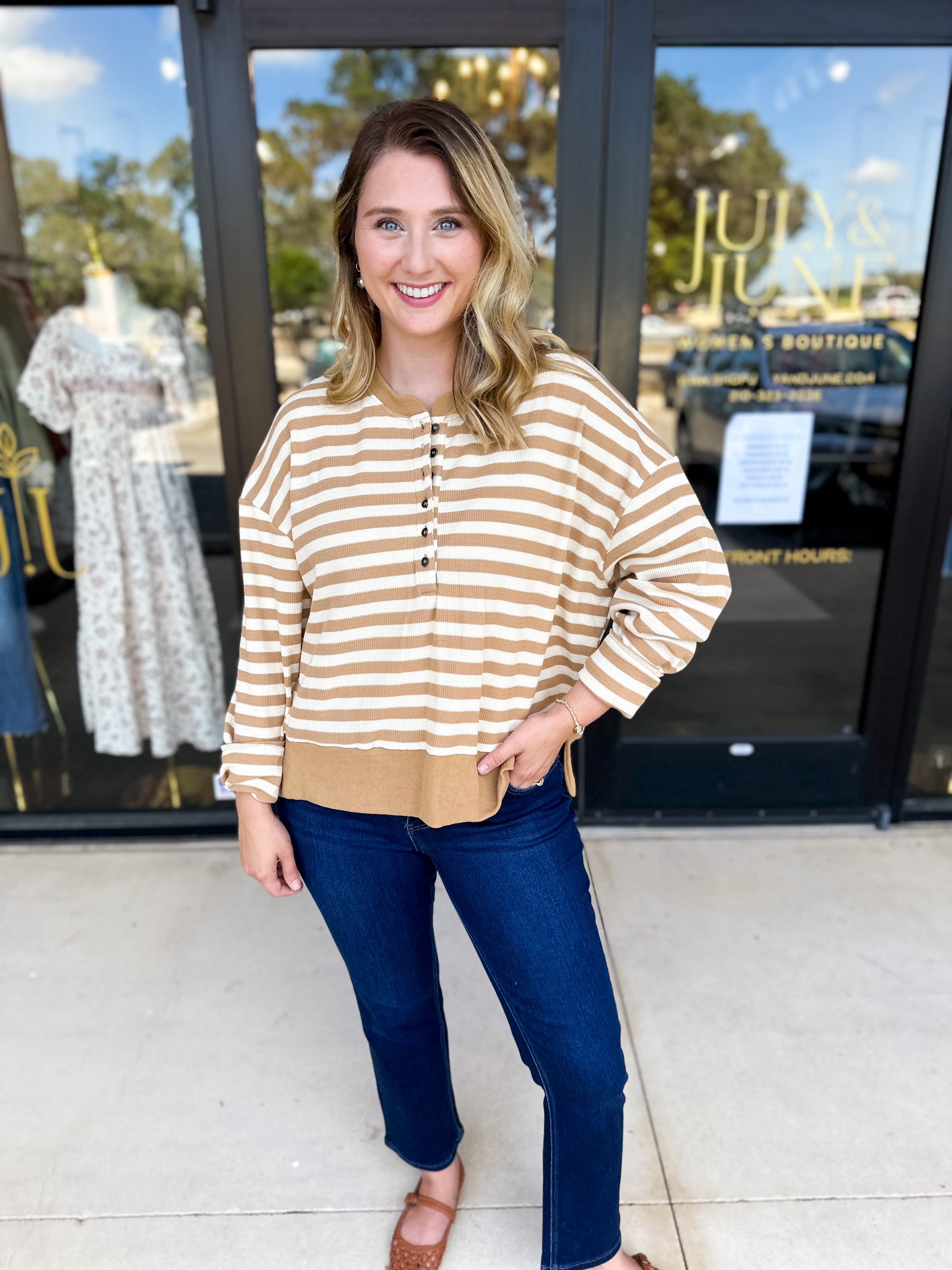 Casual Cool Henley Long Sleeve - Tan-210 Casual Blouses-POLOGRAM-July & June Women's Fashion Boutique Located in San Antonio, Texas