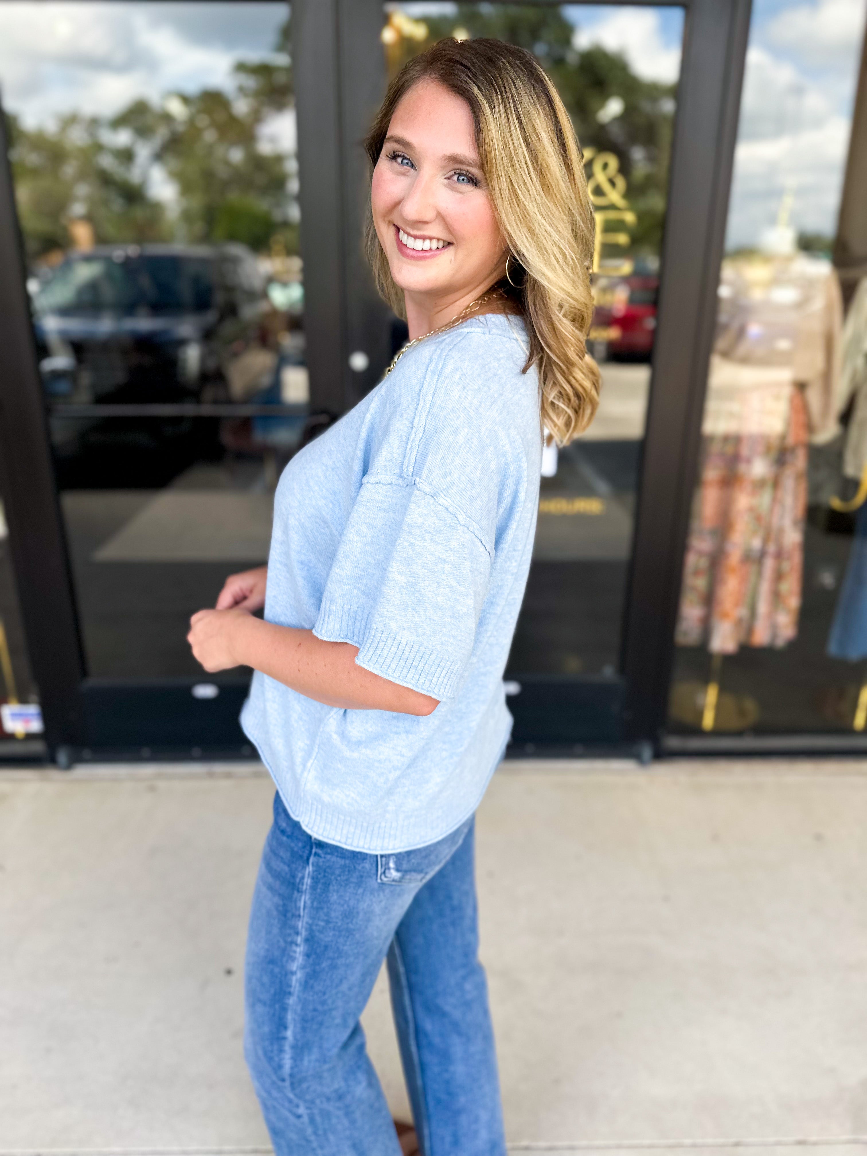 The Ella Knit Sweater Top - Powder Blue-230 Sweaters/Cardis-JODIFL-July & June Women's Fashion Boutique Located in San Antonio, Texas