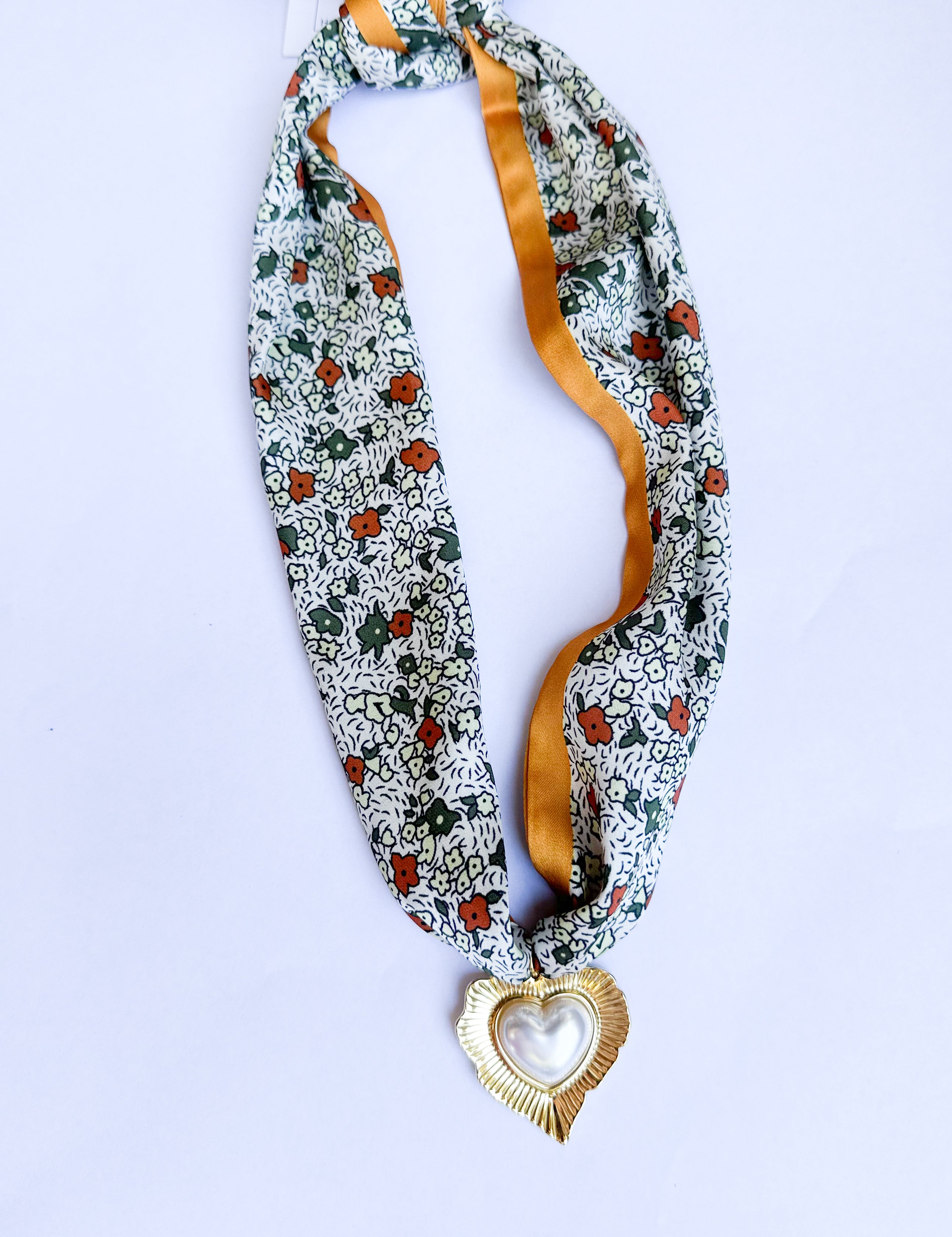 Scarf Necklace - Mustard Florals & Gold Heart-110 Jewelry & Hair-HART DESIGNS-July & June Women's Fashion Boutique Located in San Antonio, Texas