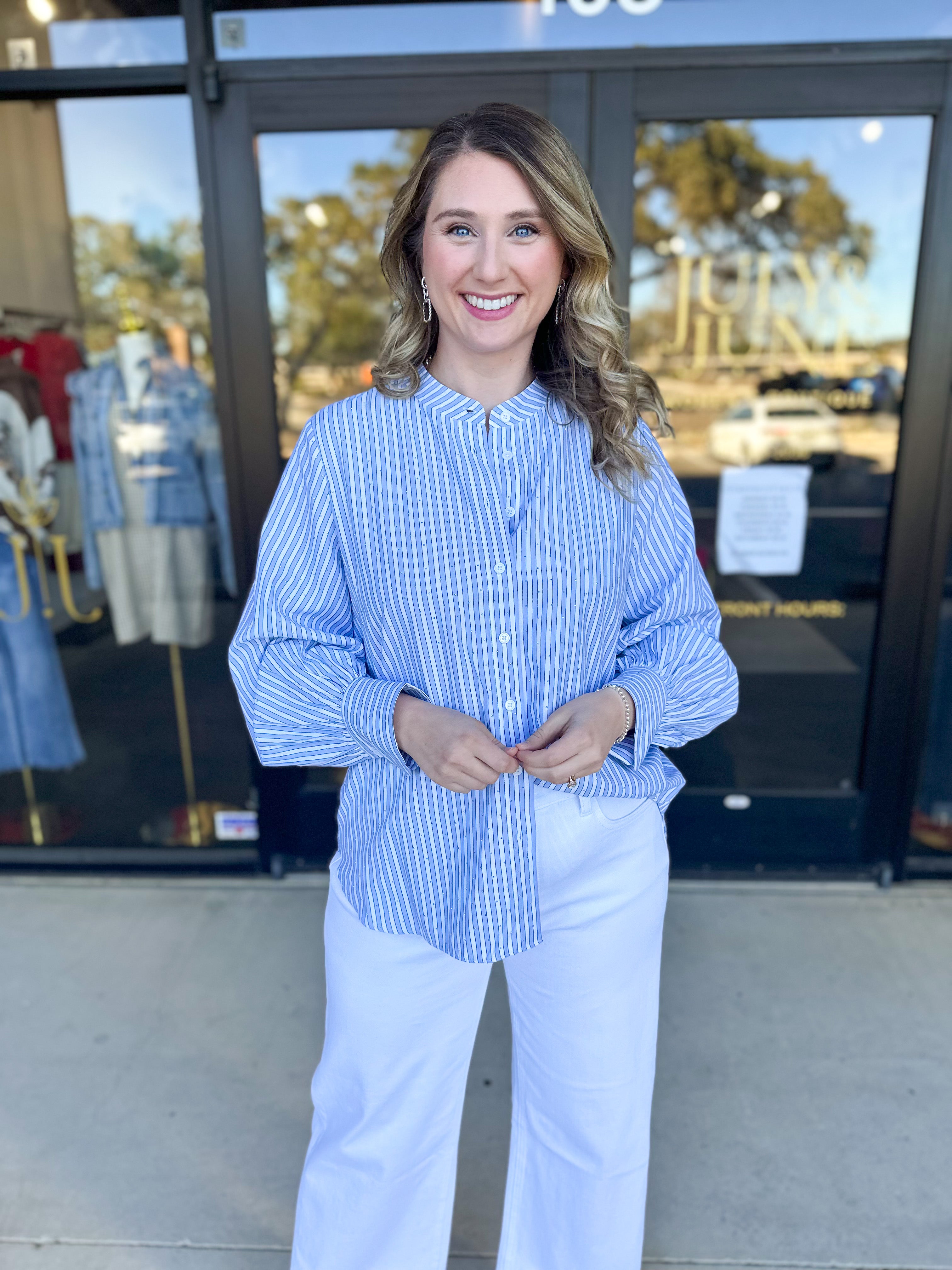 Current Air - Rhinestone Button Down Blouse - Light Blue-200 Fashion Blouses-CURRENT AIR CLOTHING-July & June Women's Fashion Boutique Located in San Antonio, Texas