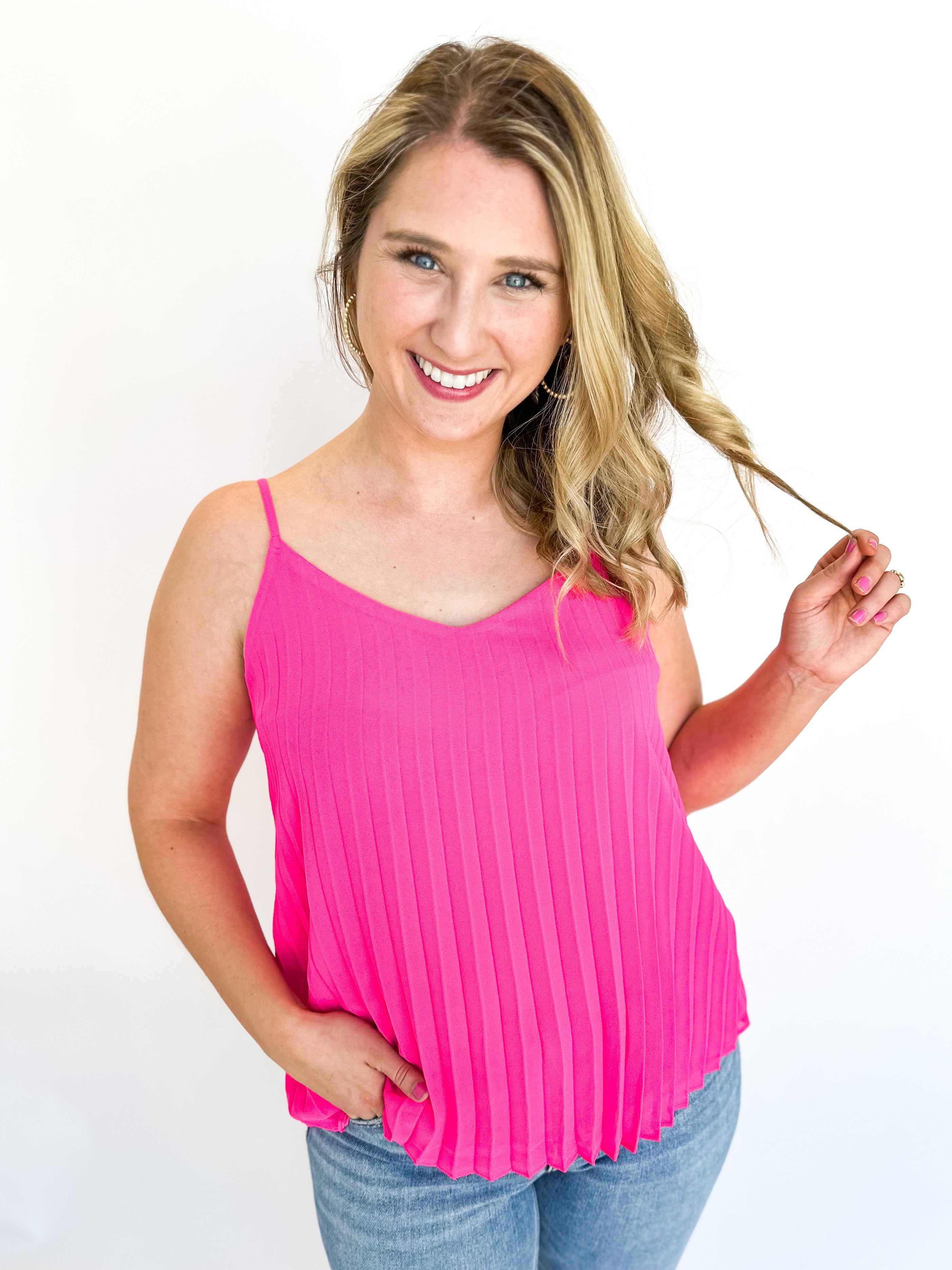 Pleated Cami - Pink-200 Fashion Blouses-SKIES ARE BLUE-July & June Women's Fashion Boutique Located in San Antonio, Texas