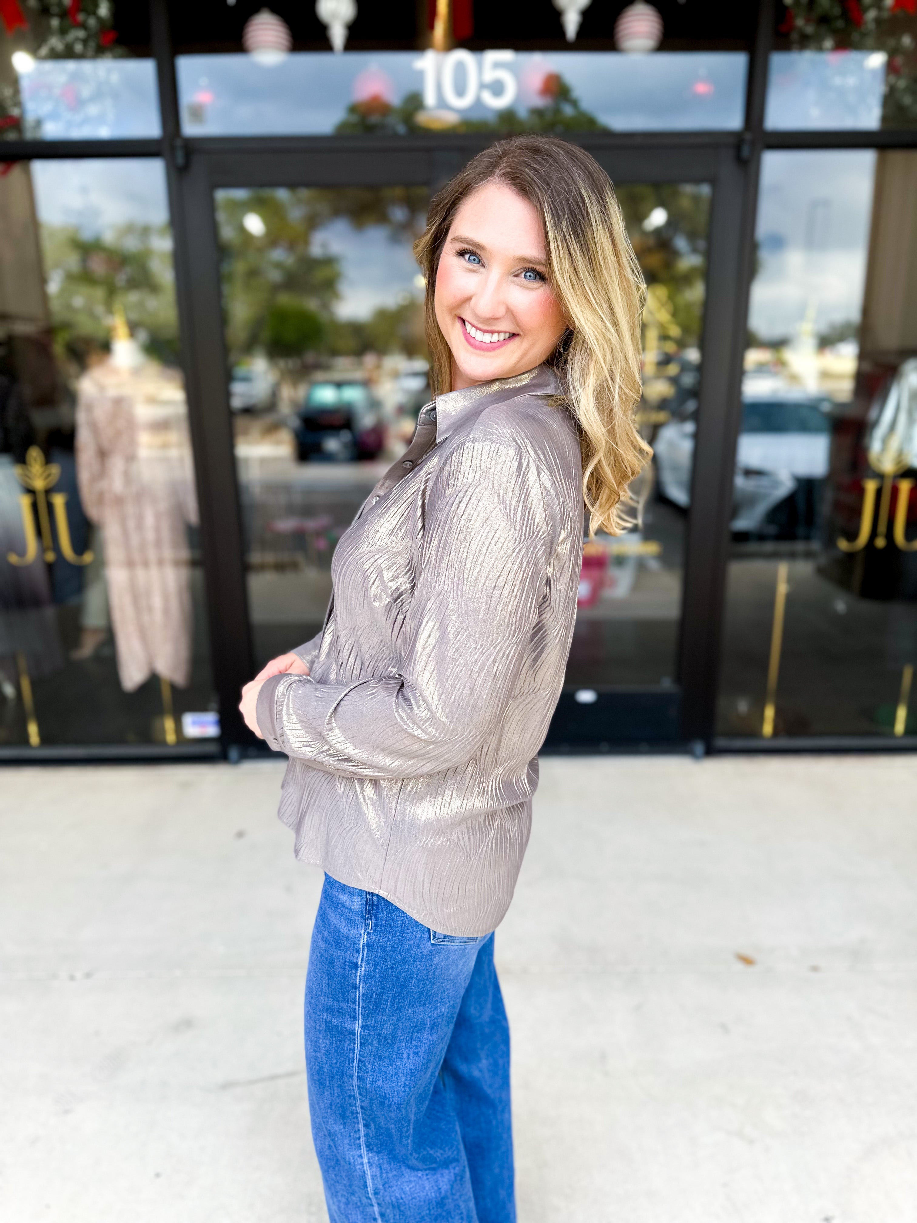 Shimmer Button Down Blouse - Champagne-200 Fashion Blouses-ALLIE ROSE-July & June Women's Fashion Boutique Located in San Antonio, Texas