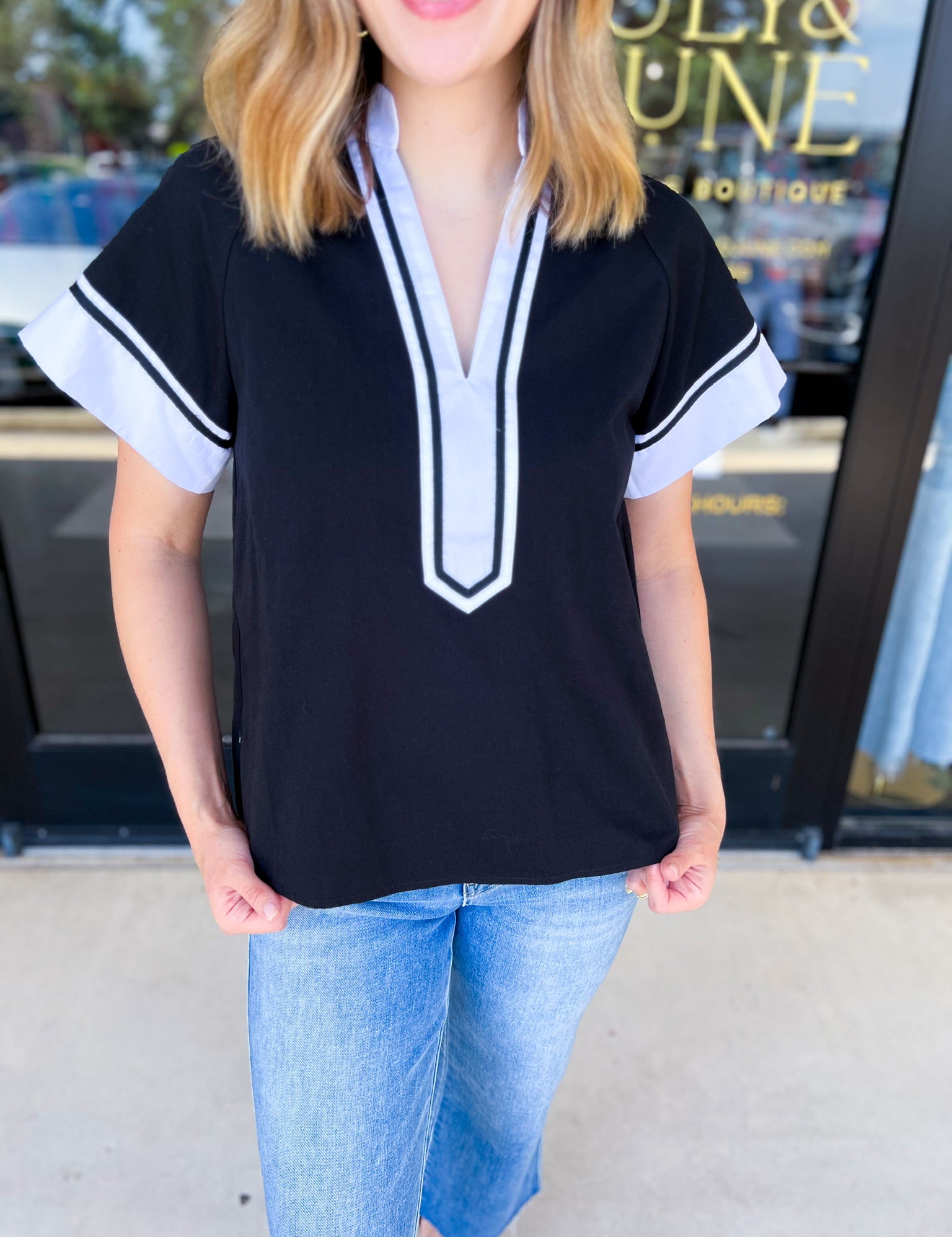 THML - Classy Varsity Stripe Blouse-200 Fashion Blouses-THML-July & June Women's Fashion Boutique Located in San Antonio, Texas