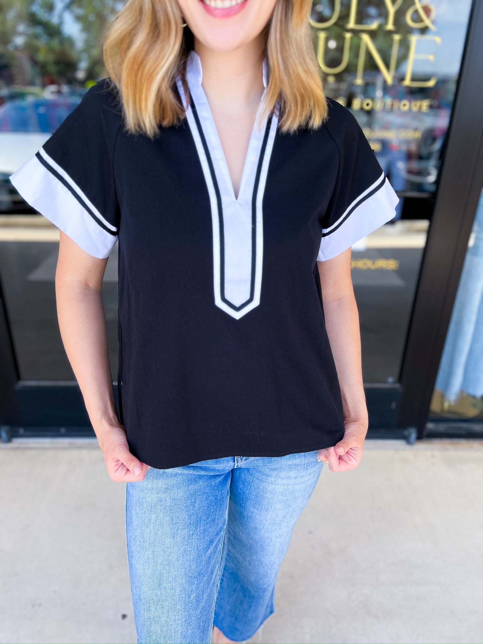 THML - Classy Varsity Stripe Blouse-200 Fashion Blouses-THML-July & June Women's Fashion Boutique Located in San Antonio, Texas