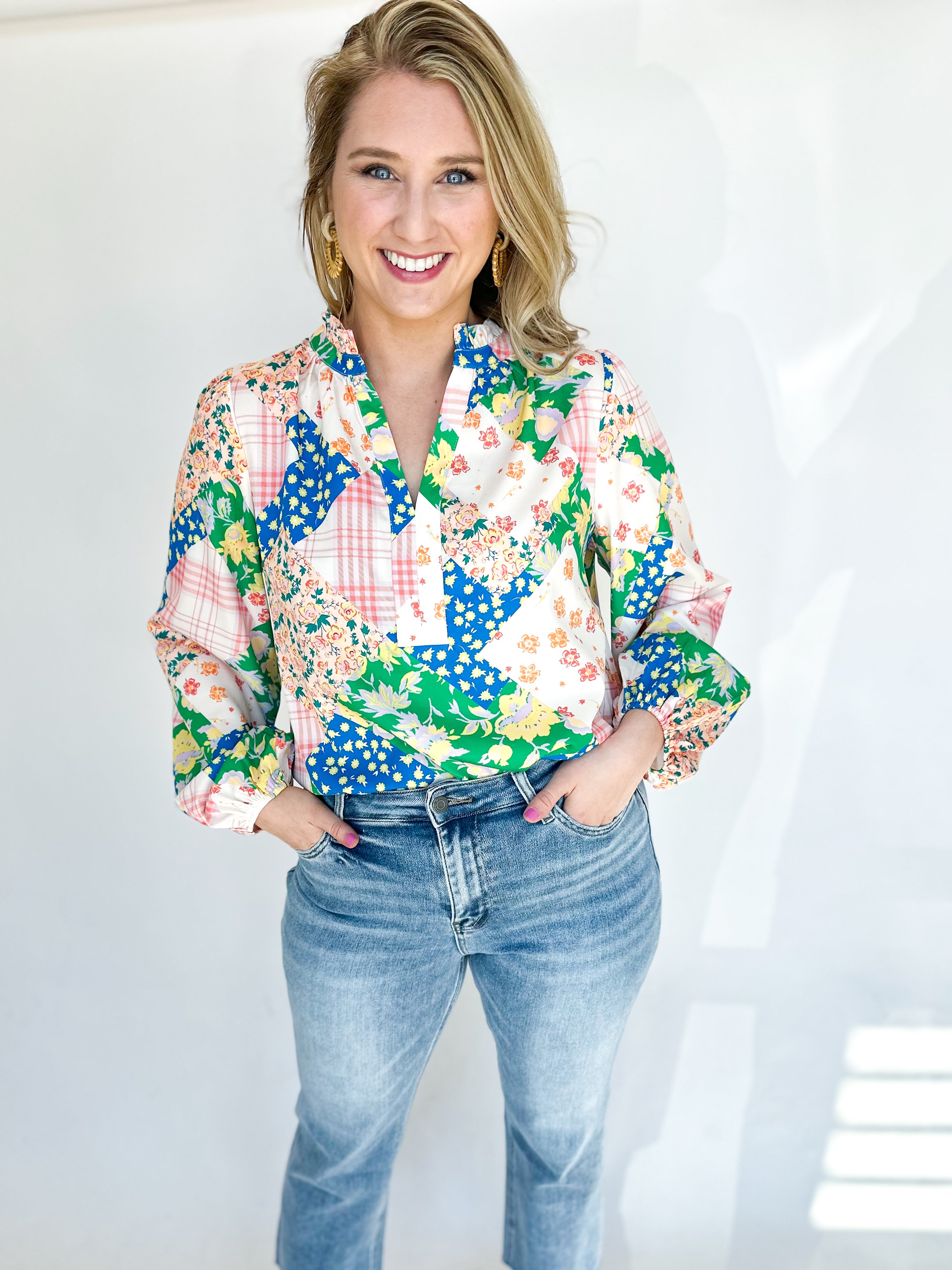 Spring Patchwork Blouse-200 Fashion Blouses-FATE-July & June Women's Fashion Boutique Located in San Antonio, Texas