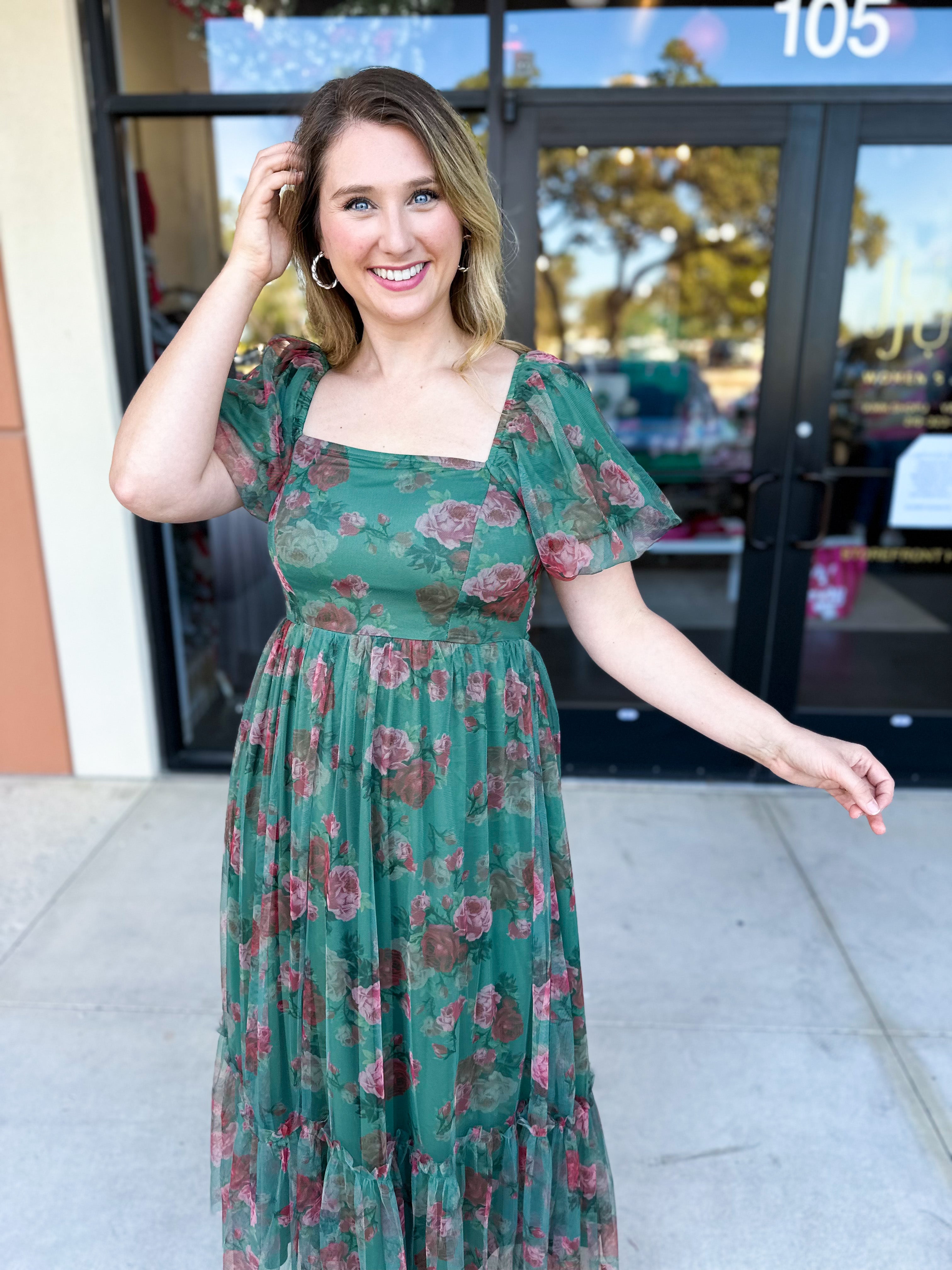 Hunter Green Garden Midi Dress-500 Midi-POLOGRAM-July & June Women's Fashion Boutique Located in San Antonio, Texas