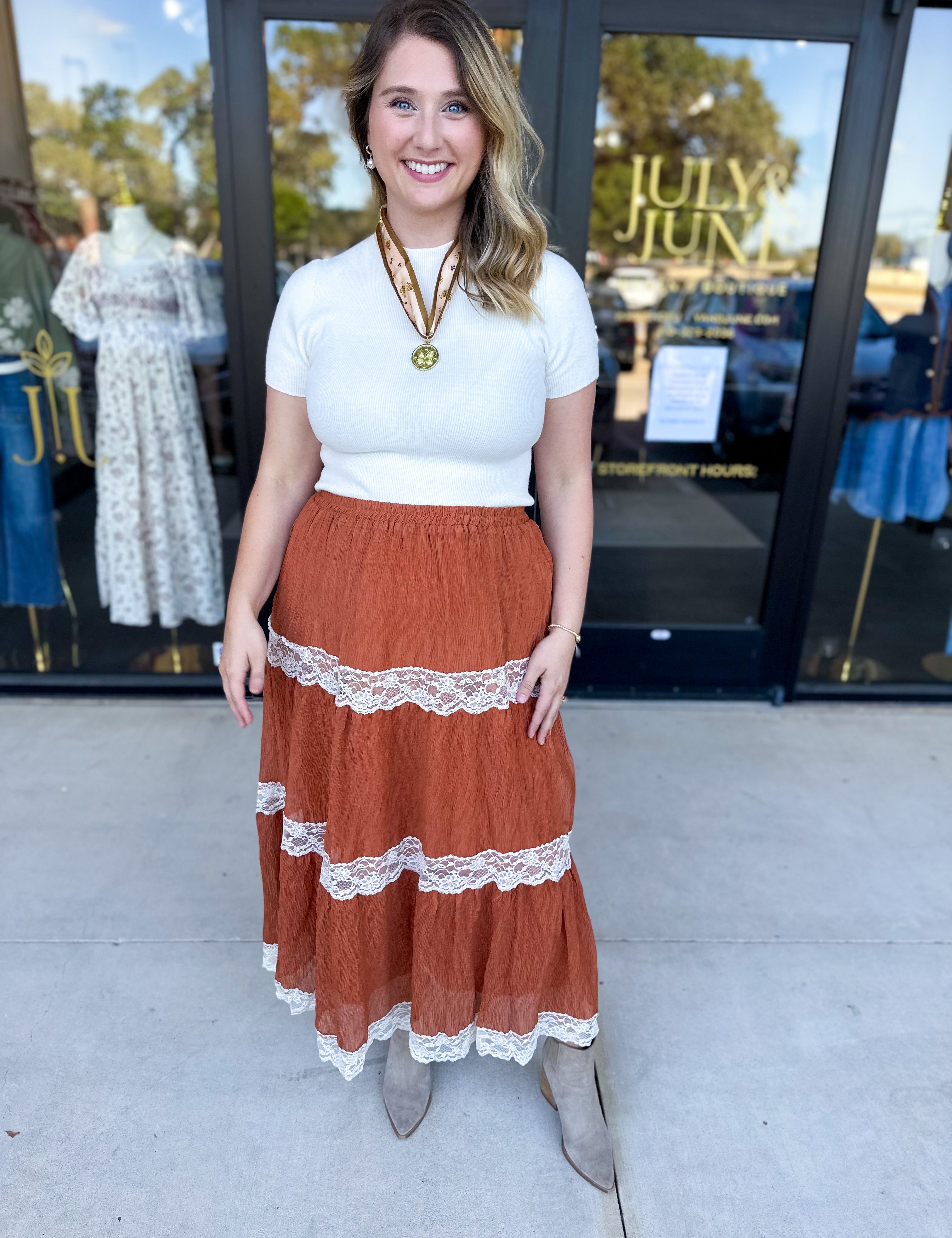 Rust Lace Midi Skirt-410 Shorts/Skirts-LISTICLE-July & June Women's Fashion Boutique Located in San Antonio, Texas