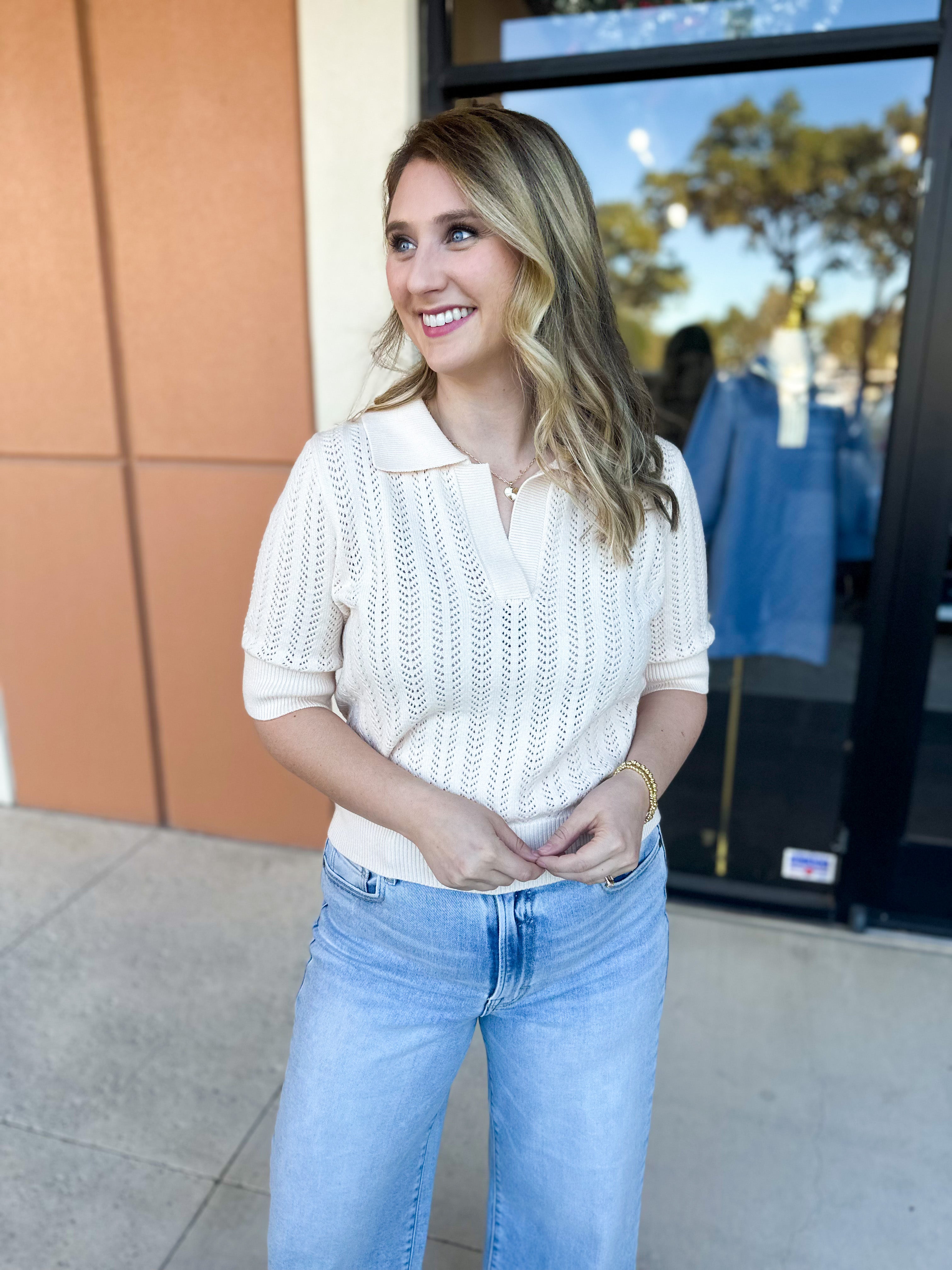 THML - Cream Knit Collared Sweater Top-230 Sweaters/Cardis-THML-July & June Women's Fashion Boutique Located in San Antonio, Texas