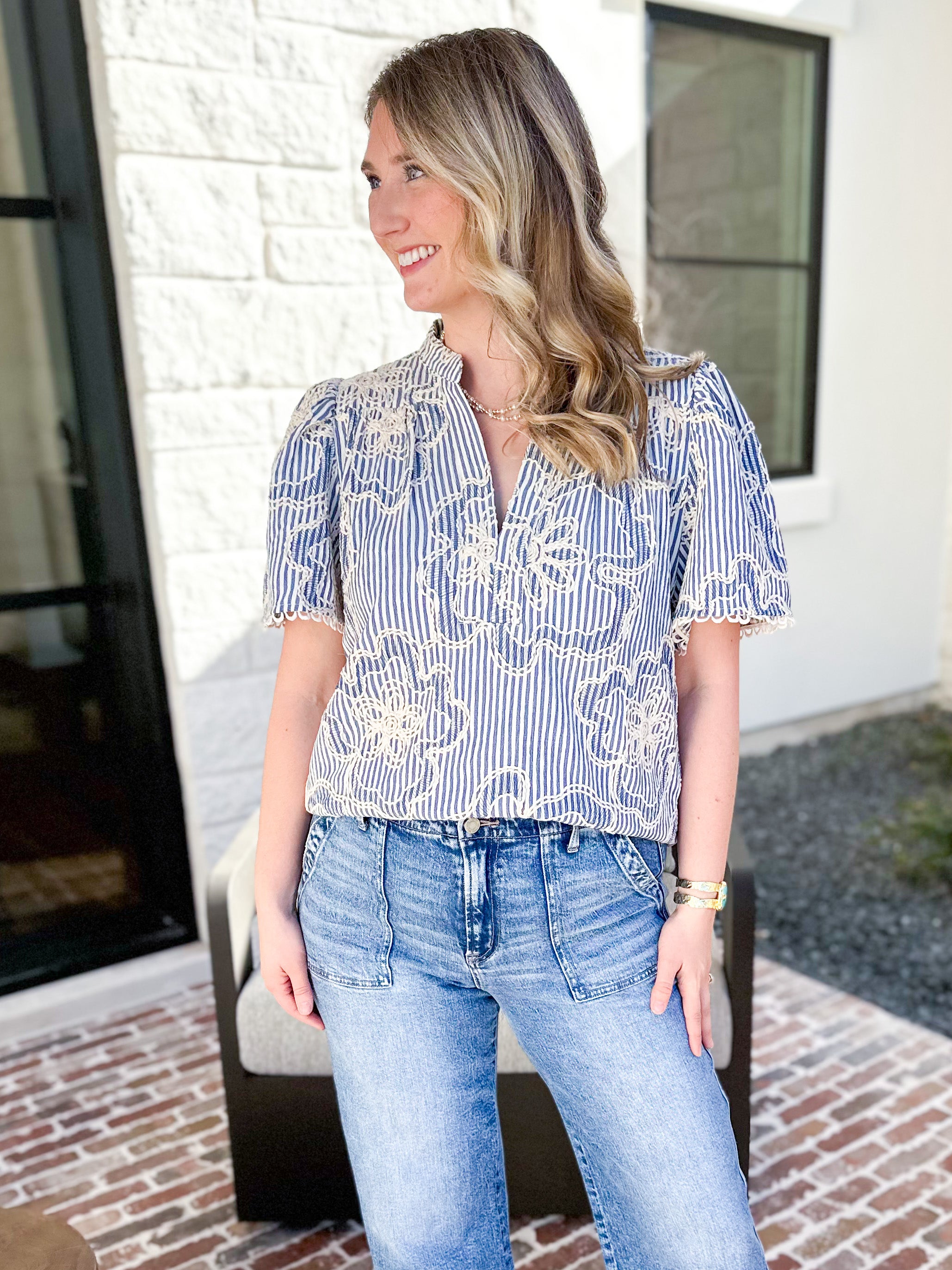 THML - Blue Skies Embroidered Blouse-510 Mini-THML-July & June Women's Fashion Boutique Located in San Antonio, Texas