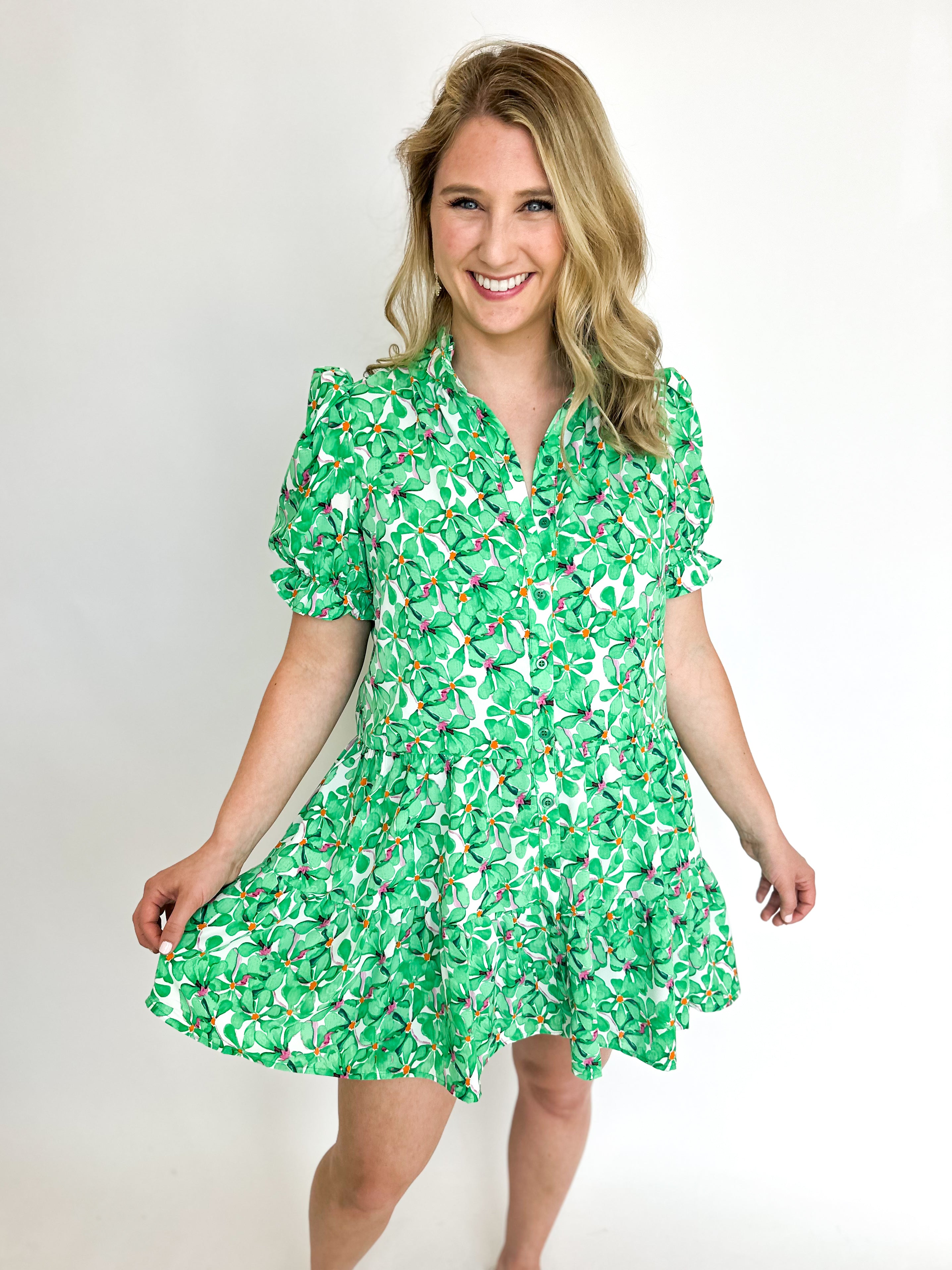 Kelly Green Florals Mini Dress-510 Mini-TCEC-July & June Women's Fashion Boutique Located in San Antonio, Texas